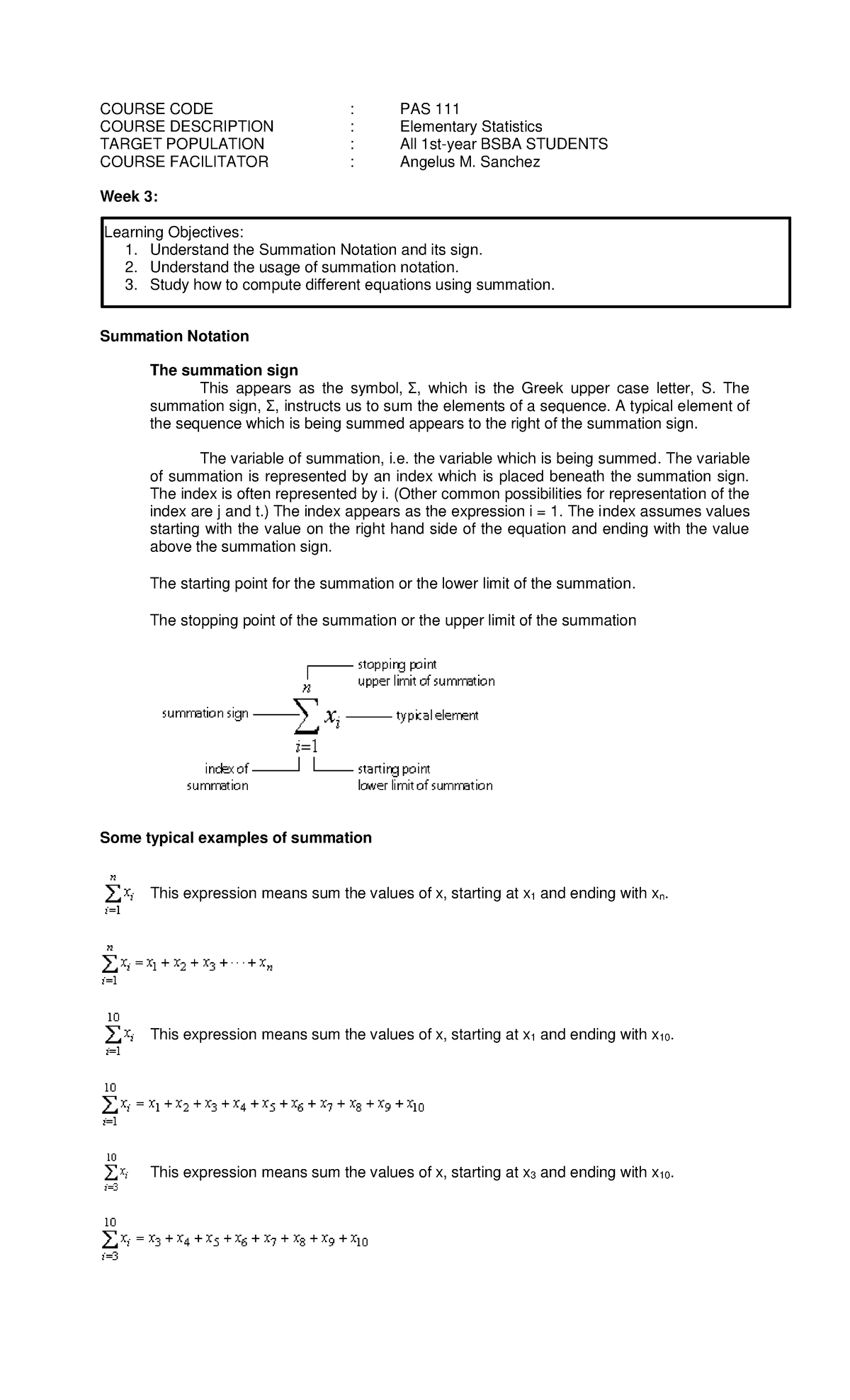 PAS 111 Week 3 - Elementary Statistics Week 3: Summation Notation 1 ...