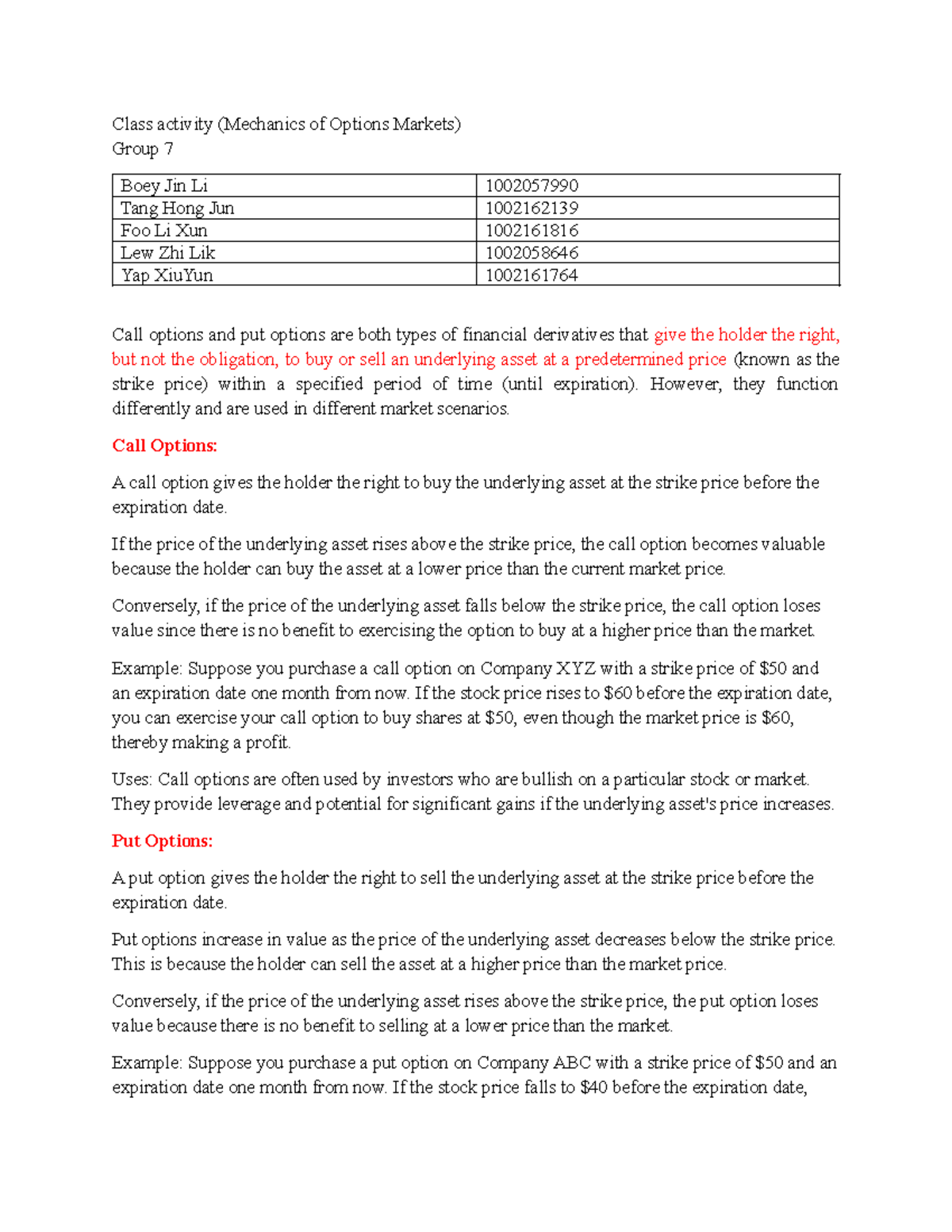 Class activity (Mechanics of Options Markets) G7 - Class activity ...