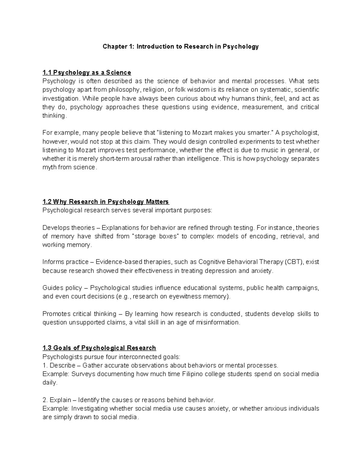 Psych 110N: Chapter 1 - Introduction to Research in Psychology - Studocu