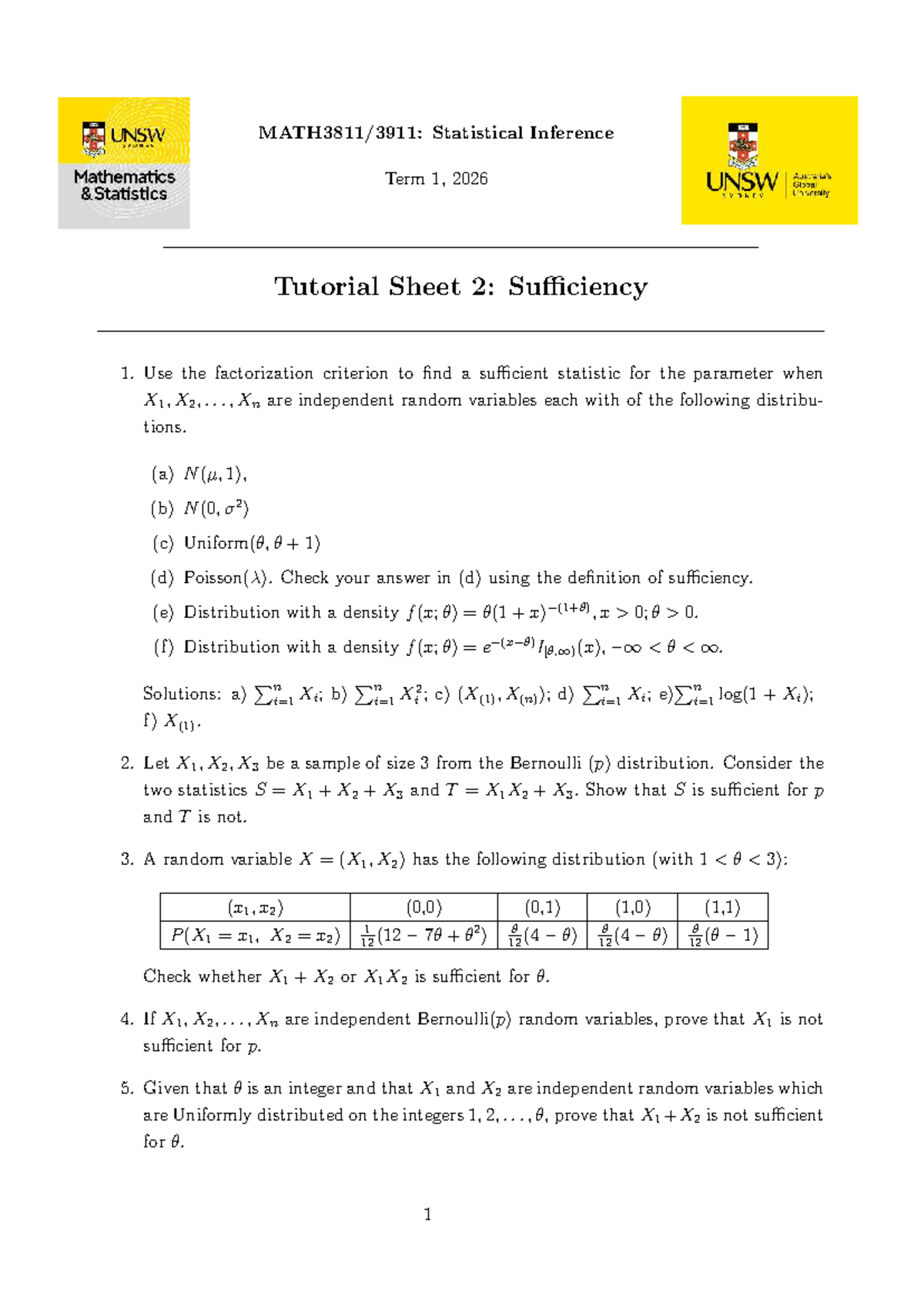 Statistical Inference Term 1, 2026 Tutorial Sheet 2: Sufficient ...