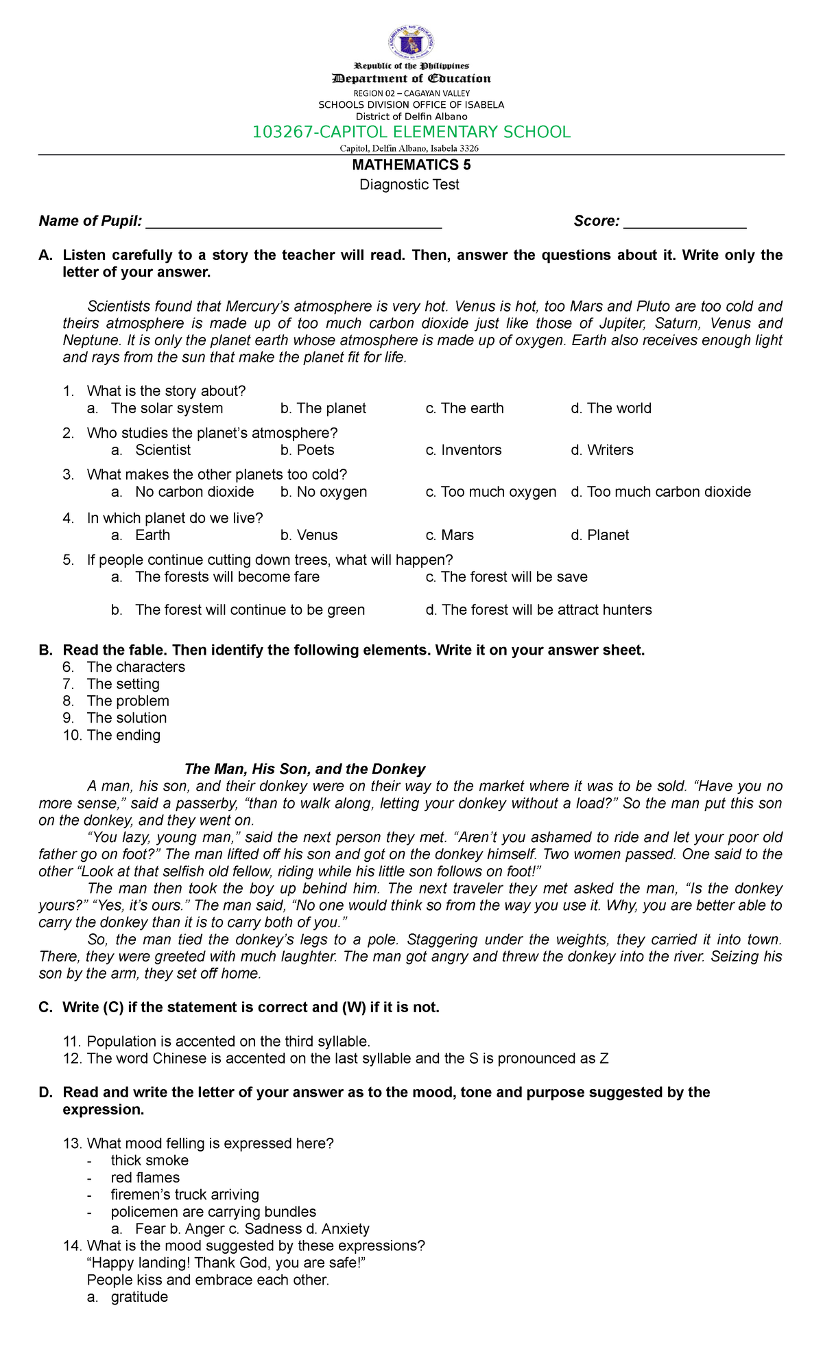PRE-TEST Mathematics 5: Diagnostic Assessment for Grade 5 Students ...