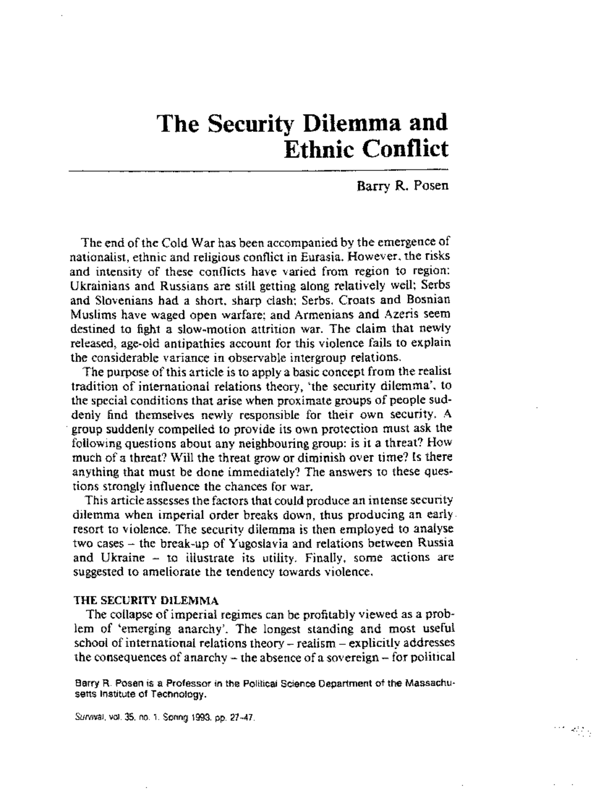 The Security Dilemma and Ethnic Conflict: Analyzing Yugoslavia and ...