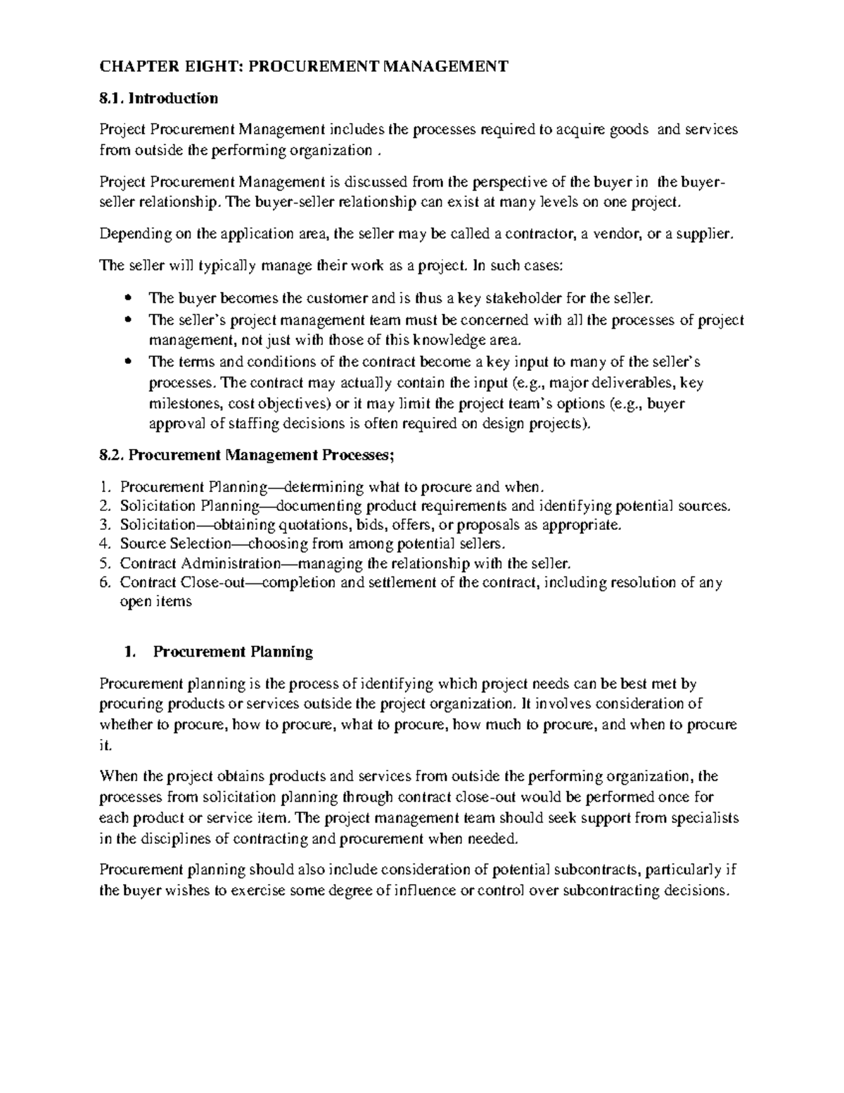 CHAPTER 8: PROCUREMENT MANAGEMENT - Key Processes and Techniques - Studocu