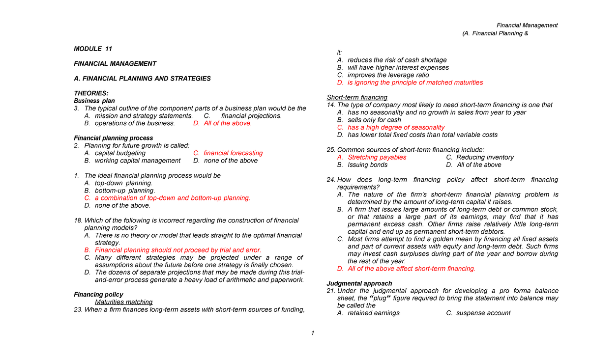 Financial Management (FIN 463961011) - A. Financial Planning Strategies ...