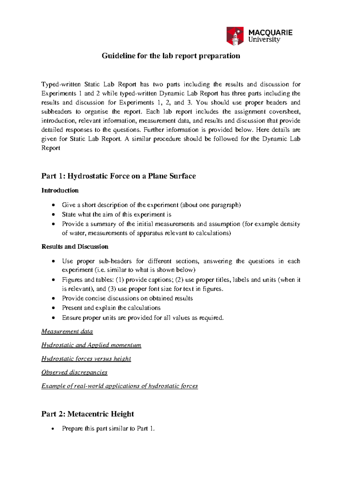 MECH2002- guideline lab report prepration - Guideline for the lab ...