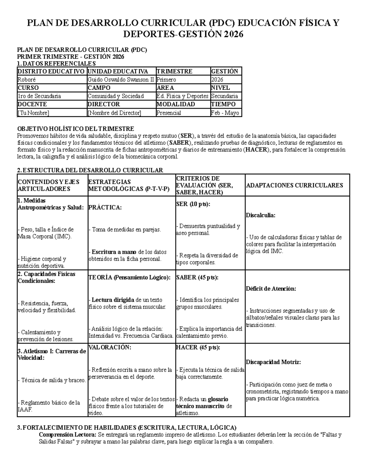 PLAN DE DESARROLLO CURRICULAR (PDC) EDUCACIÓN FÍSICA 2026: TRIMESTRES I ...