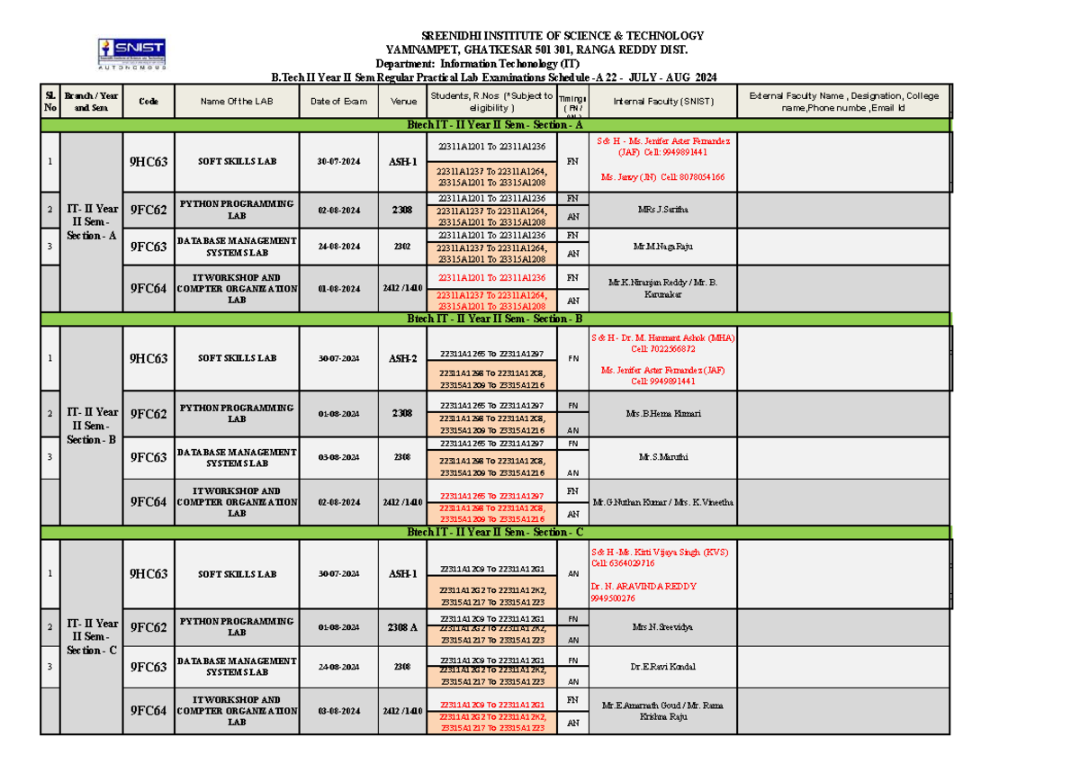 Btech IT - II Year II Sem A22 - Practical Lab Exam Schedule AUG 2024 ...