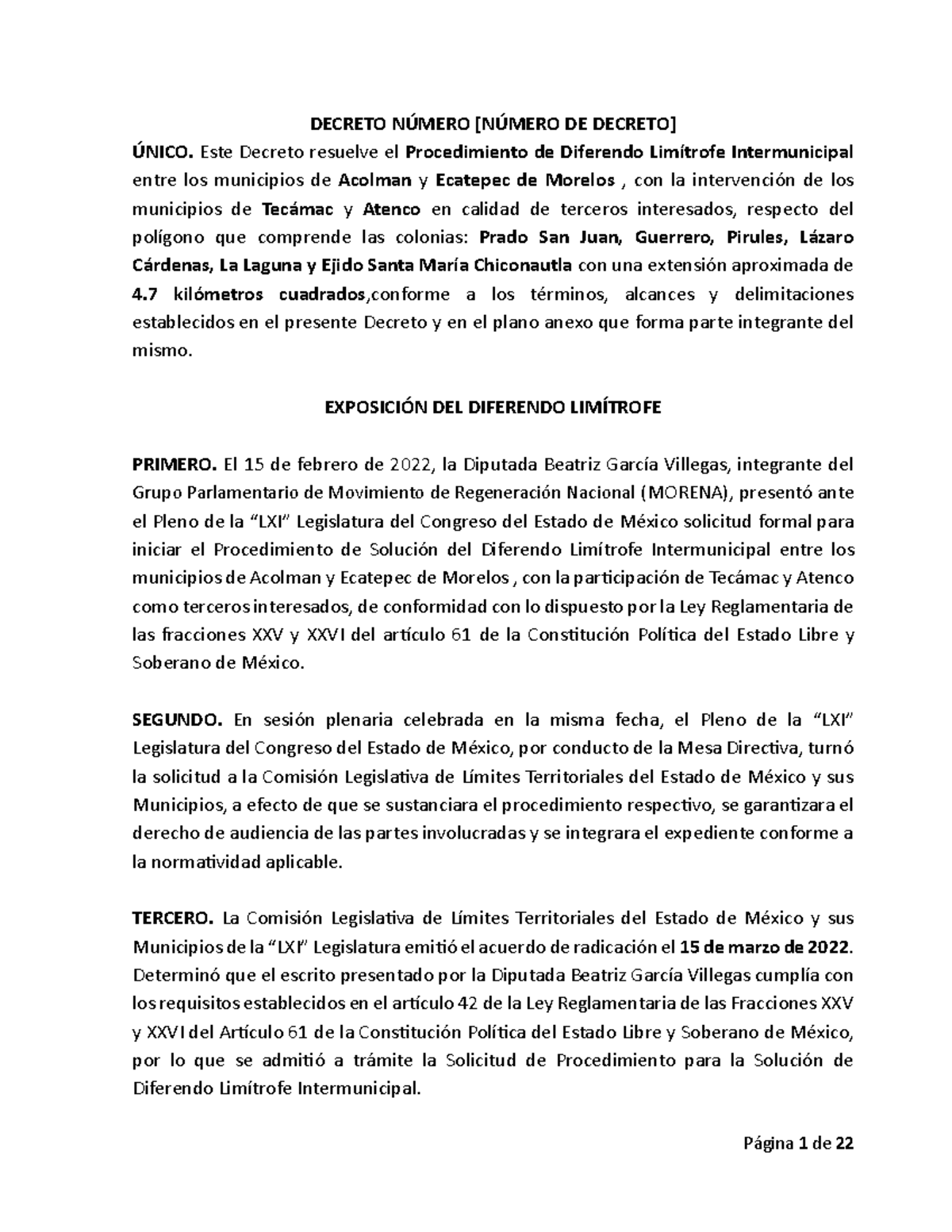 DECRETO NÚMERO: Resolución del Diferendo Limítrofe Acolman-Ecatepec ...