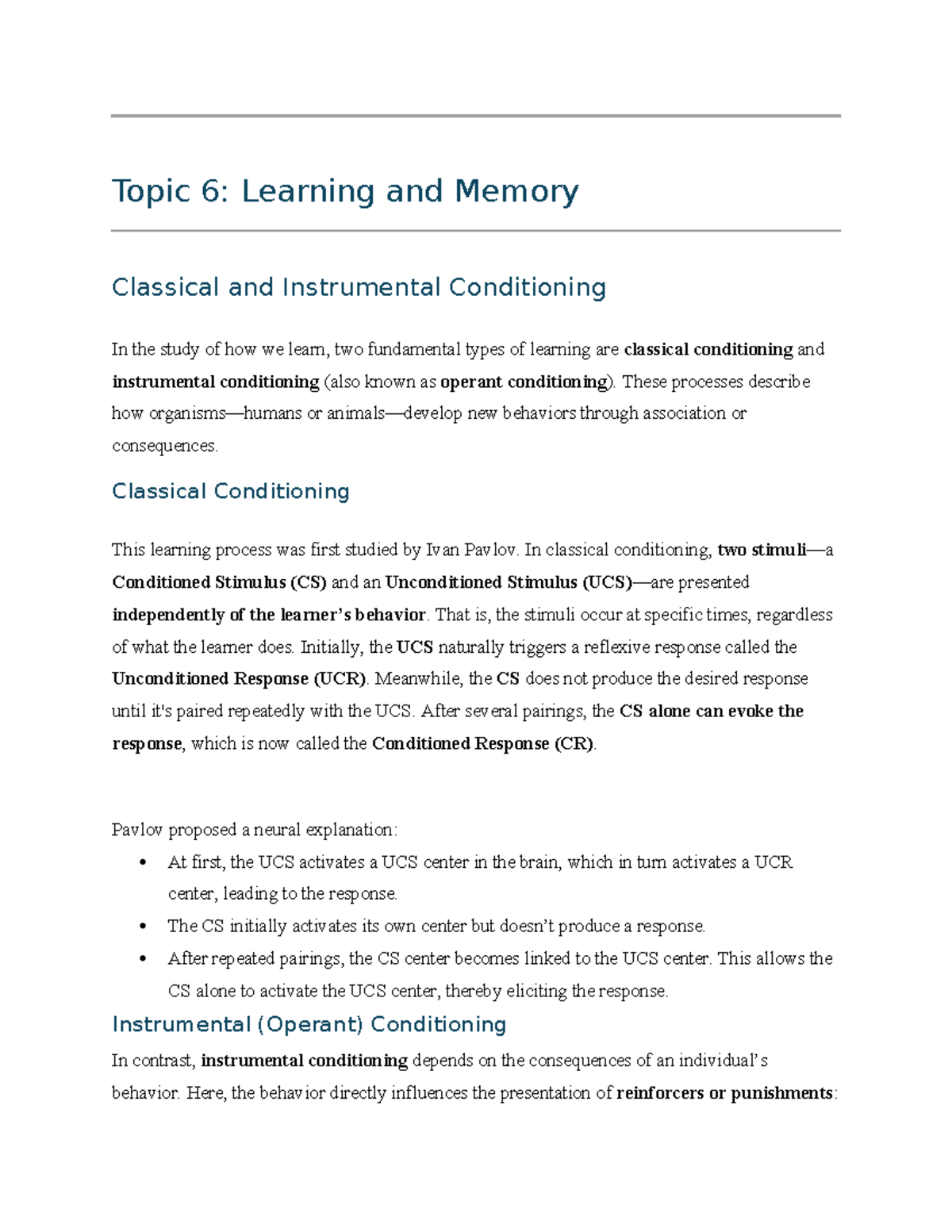 Learning and Memory: Classical & Instrumental Conditioning Notes - Studocu