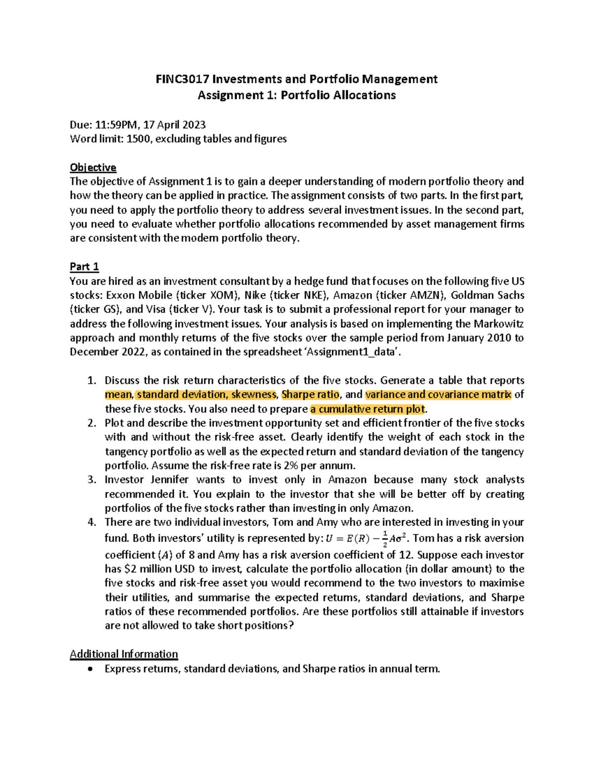 Assignment 1-2 - assig 1 - FINC3017 Investments and Portfolio ...