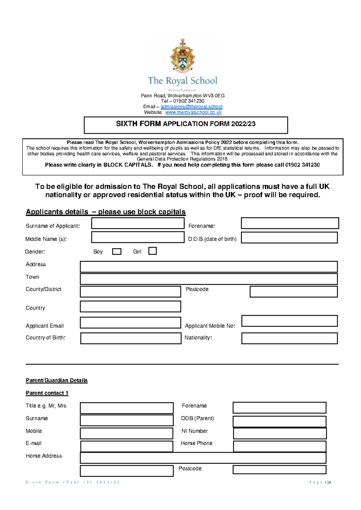 Sixth Form Application Form 2022 - The Royal School - Studocu