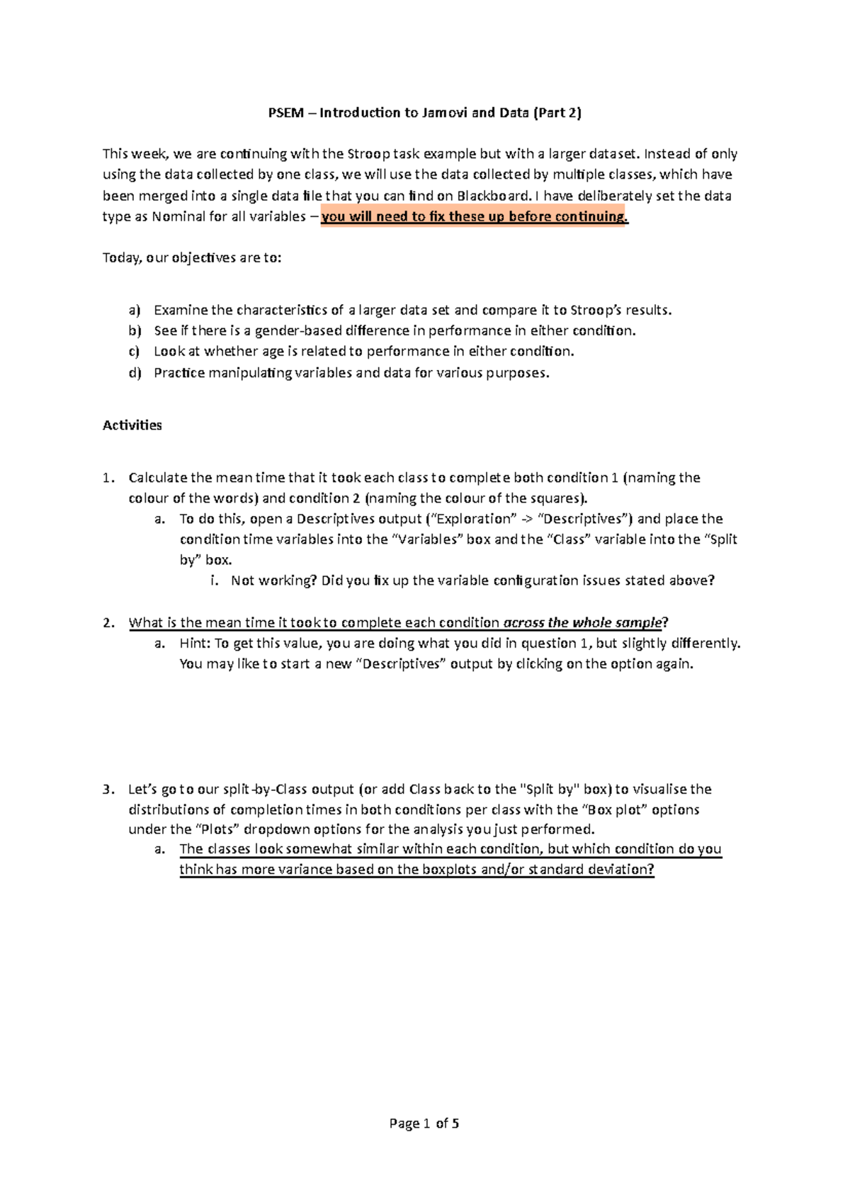 PSEM Lab 2 Handout: Analyzing the Stroop Task Data - Studocu