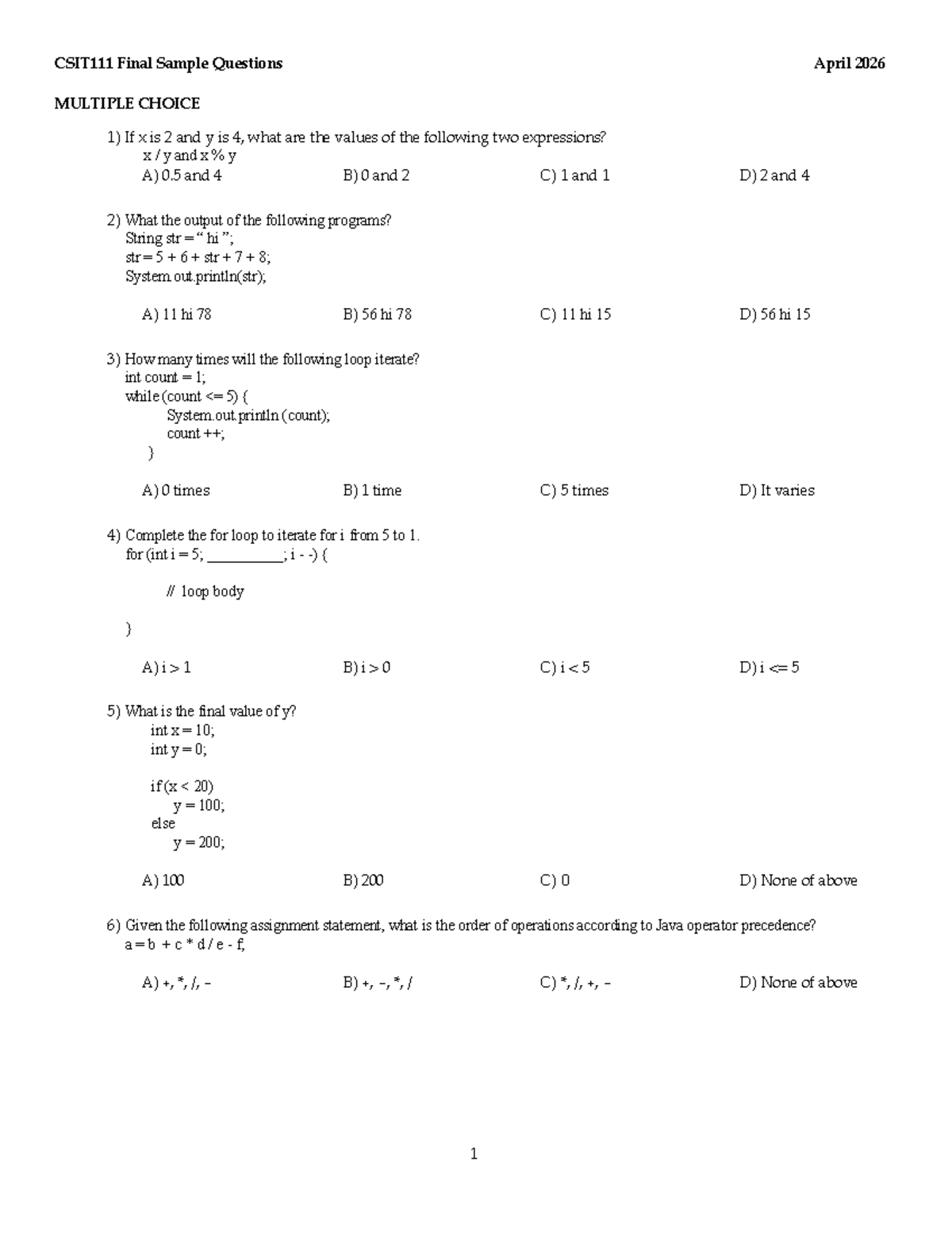 CSIT111 Final Sample Questions - Studocu