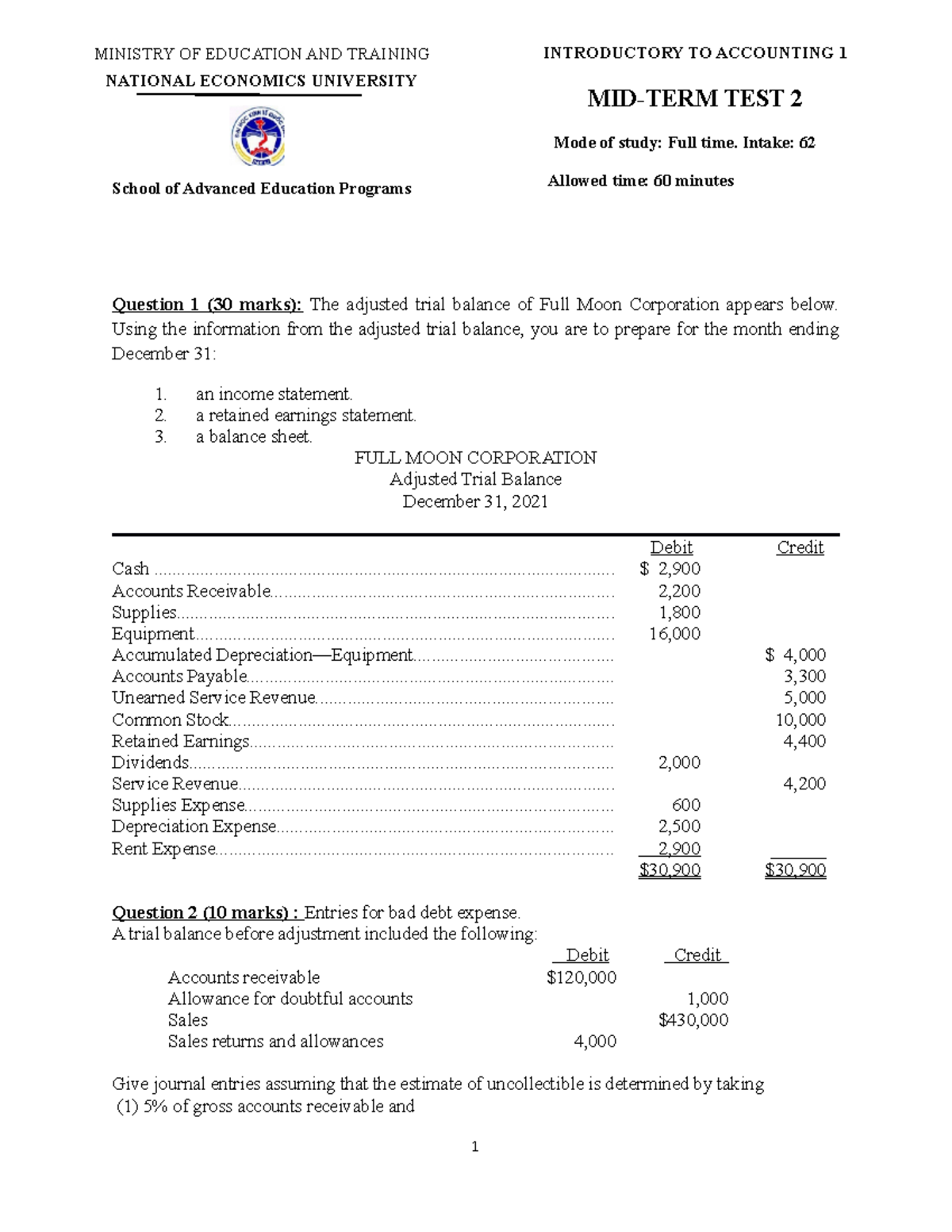 Mid-term Test 2: Financial Accounting (Intro to Accounting 1) - Studocu