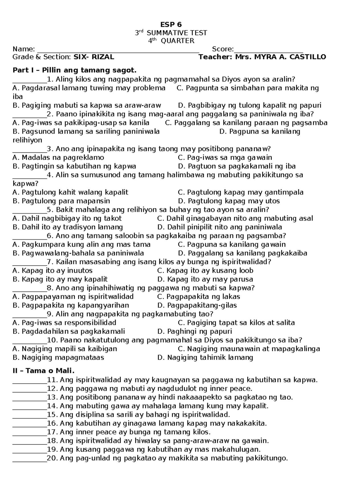 ESP 6 SUMMATIVE TEST 4th QUARTER: Pagmamahal at Ispiritwalidad - Studocu