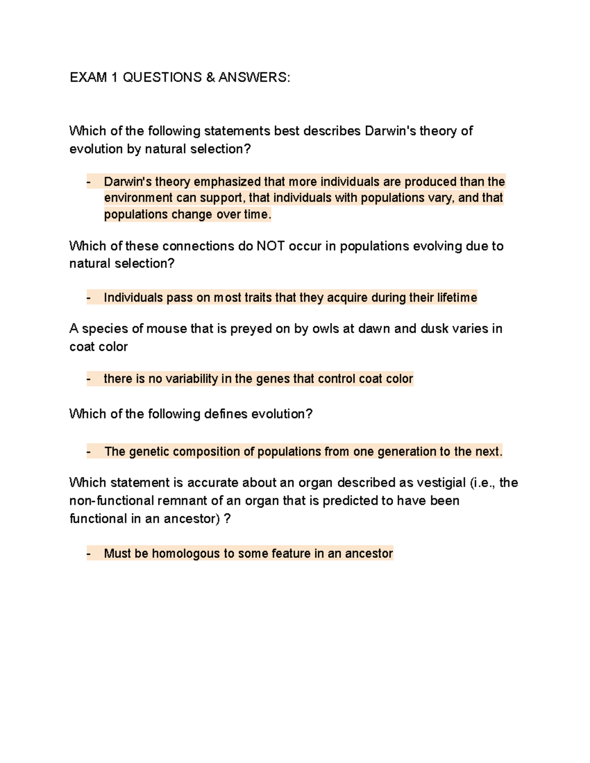 Biology 101: Exam 1 Questions & Answers on Evolution & Natural ...