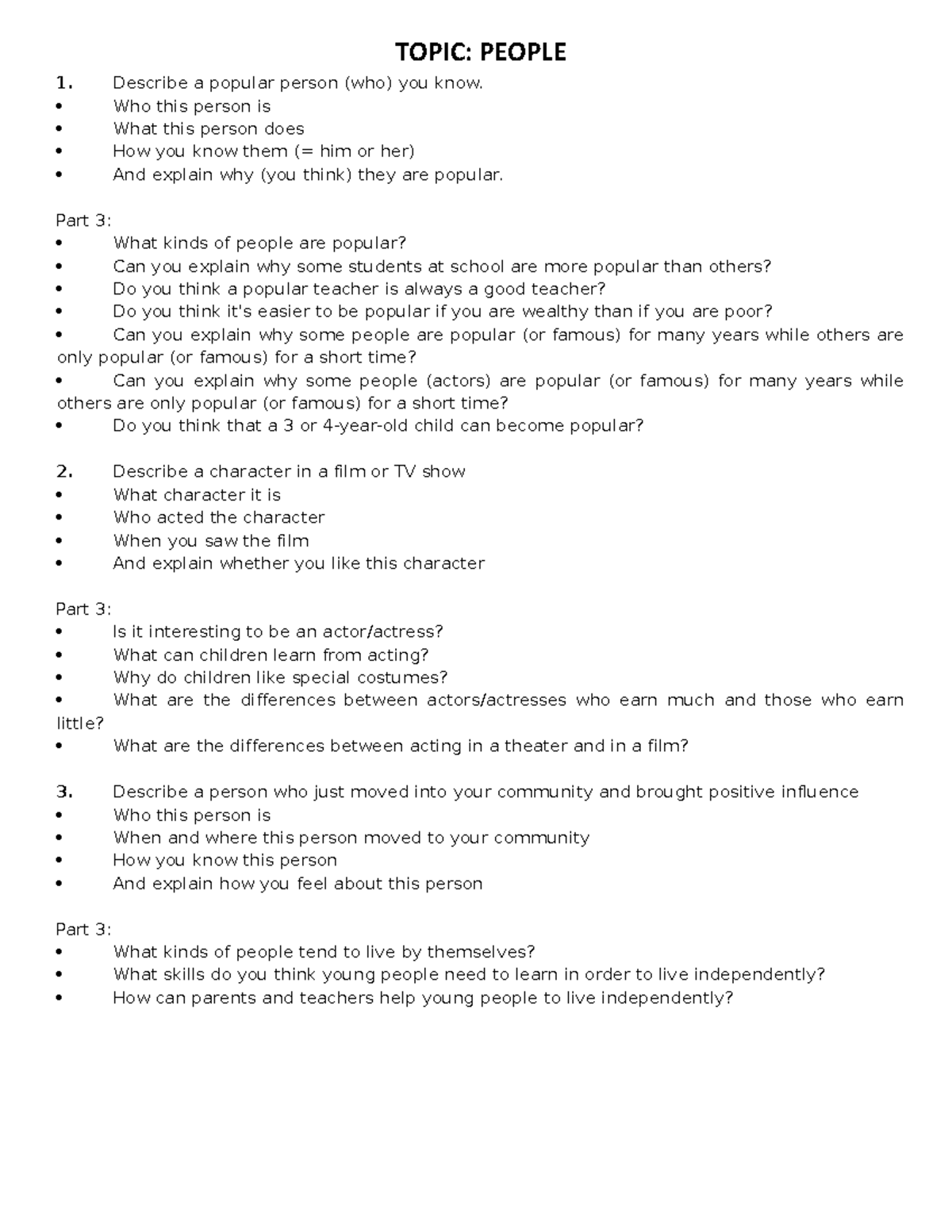 Speaking Part 2 3 Topic Q2 2023 - TOPIC: PEOPLE Describe a popular ...