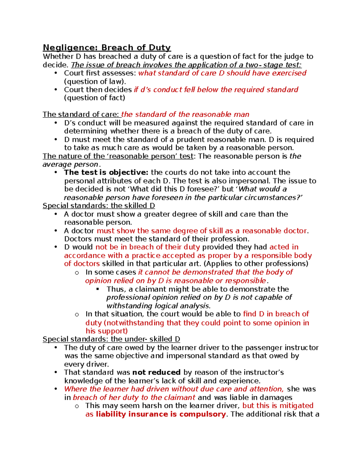 SQE - FLK 1 - Tort Law: Breach of Duty and Negligence Notes - Studocu