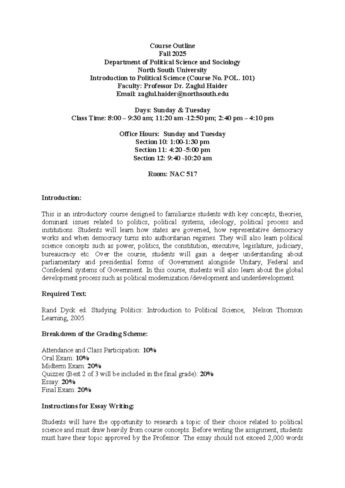 ZH NSU POL 101 Course Outline - Introduction to Political Science Fall ...