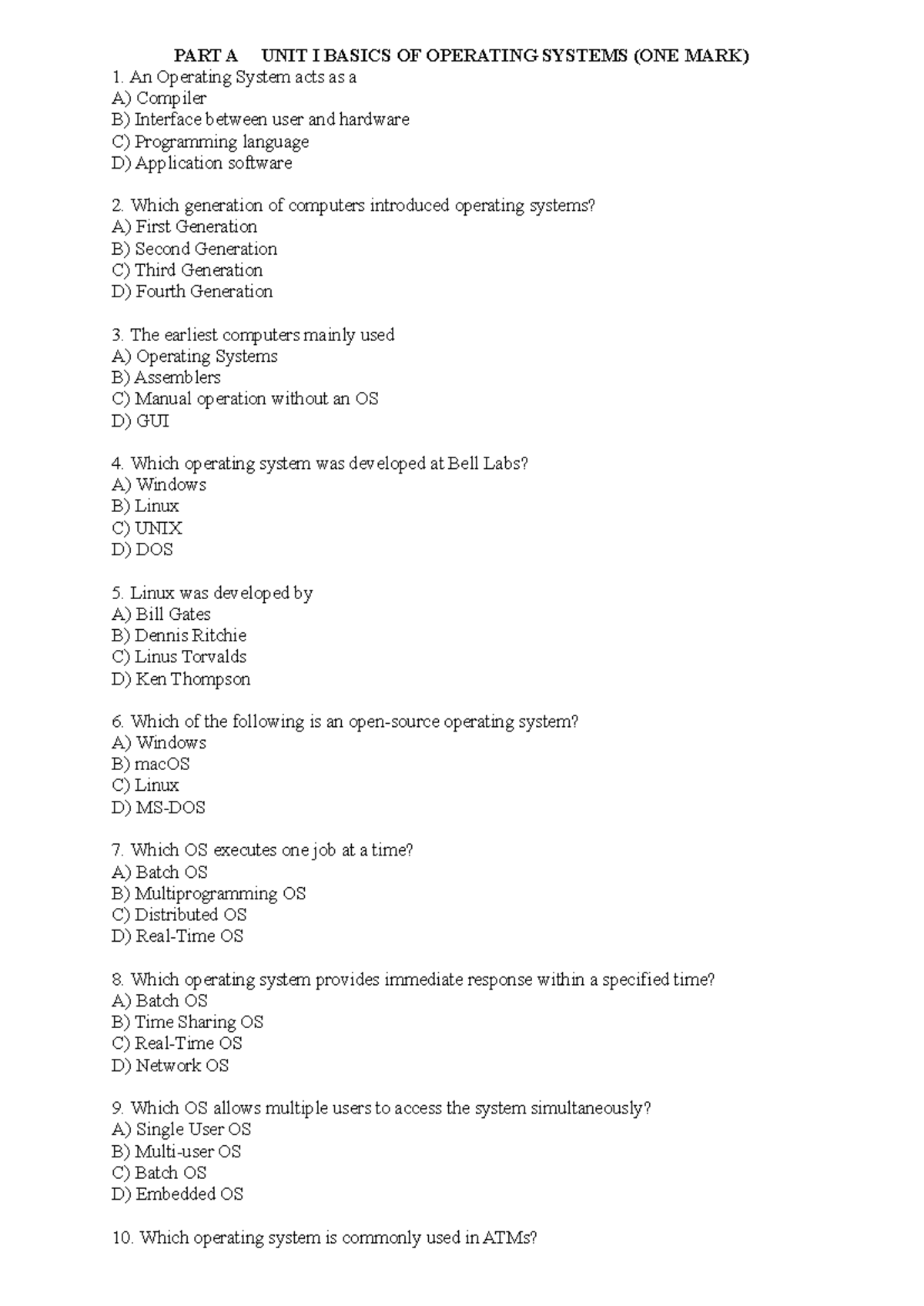 OS QB - Basics of Operating Systems Question Bank (One Mark) - Studocu