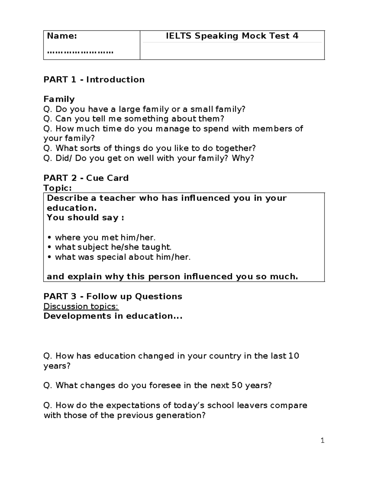 IELTS Speaking Mock Test 4: Family, Influential Teacher & Education ...