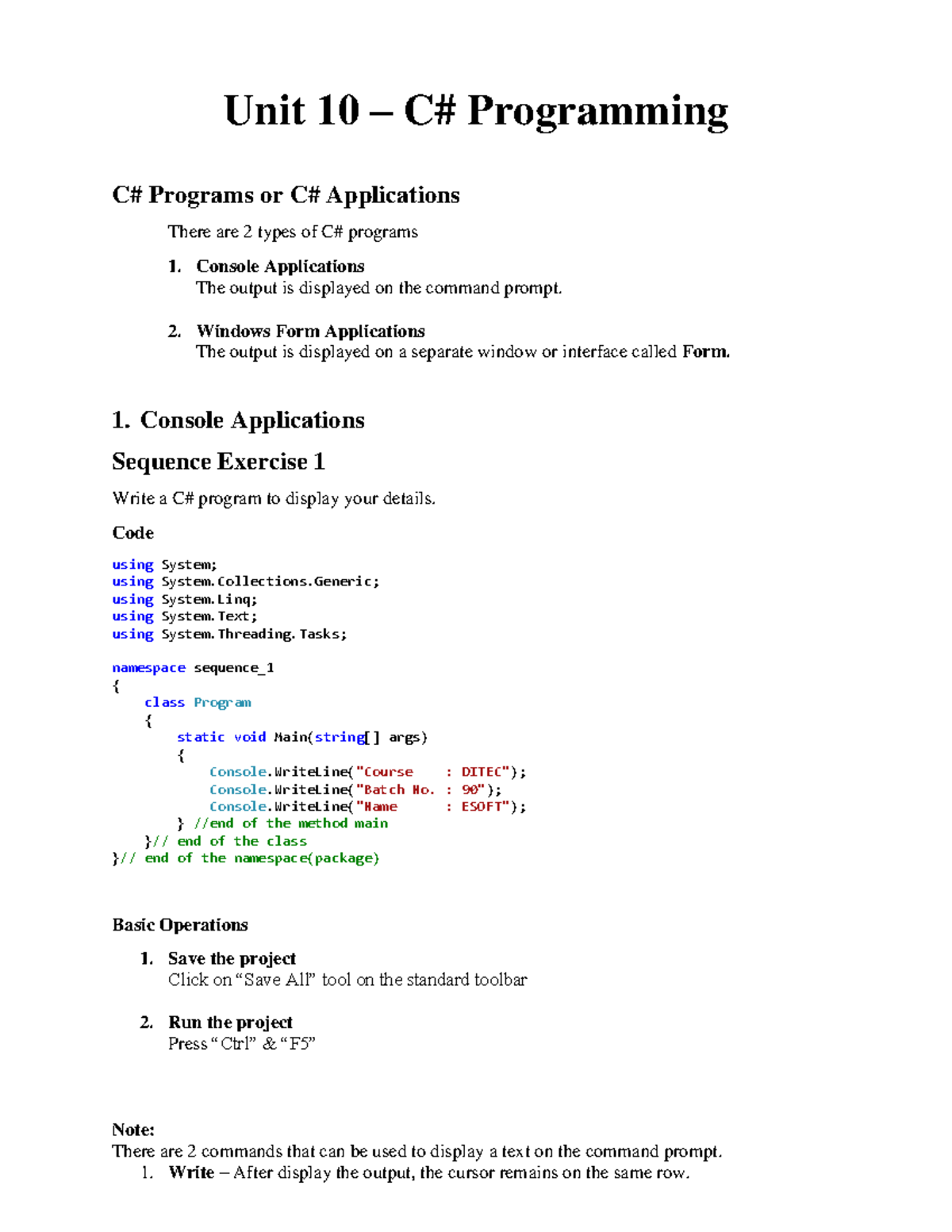 C# Programming Final Exam Notes - DITEC Batch 90 - Studocu