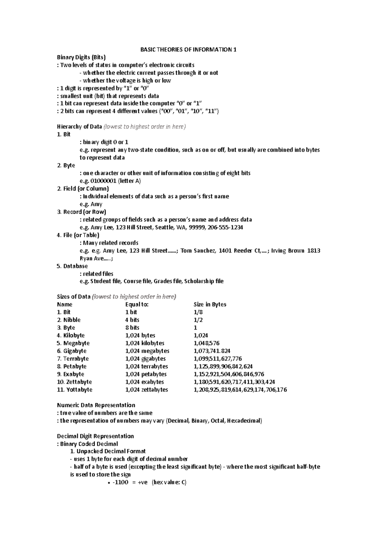 111 Notes - BASIC THEORIES OF INFORMATION 1 Binary Digits (Bits) : Two ...