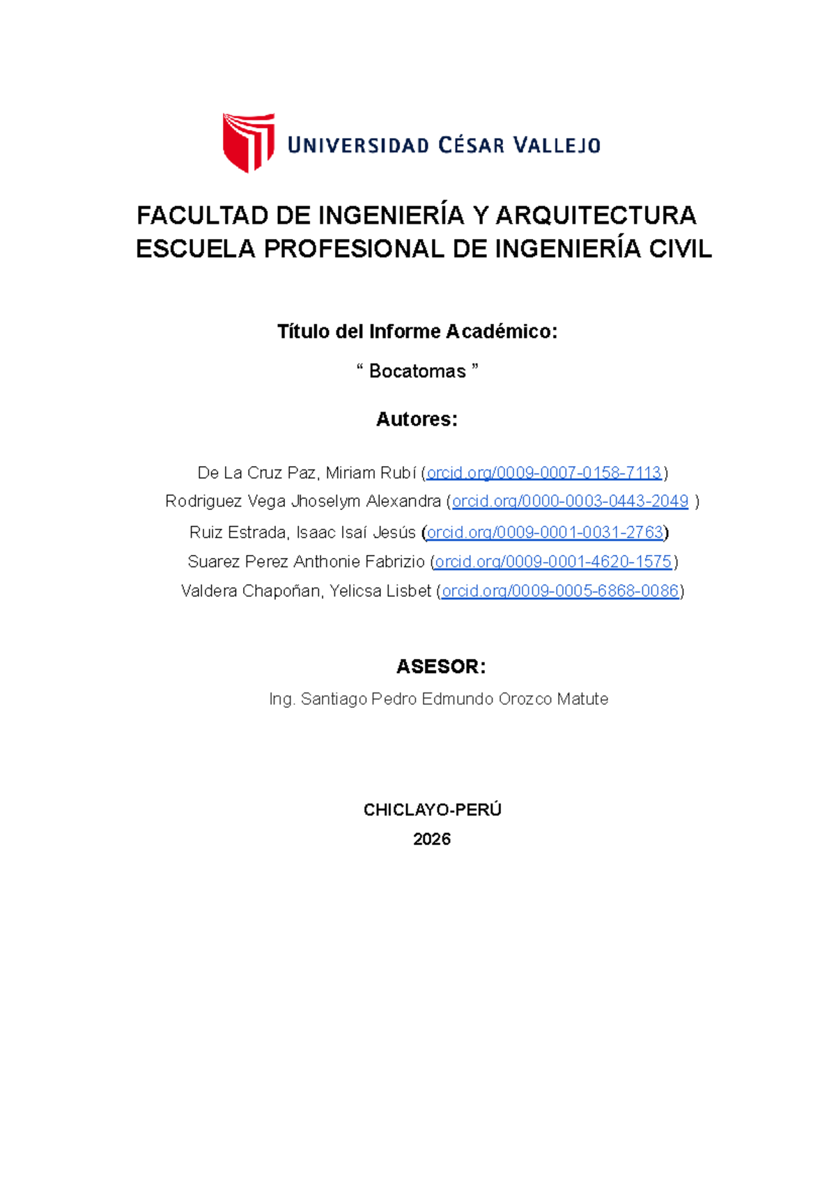 Informe Académico sobre Bocatomas - Ingeniería Civil 2026 - Document Preview