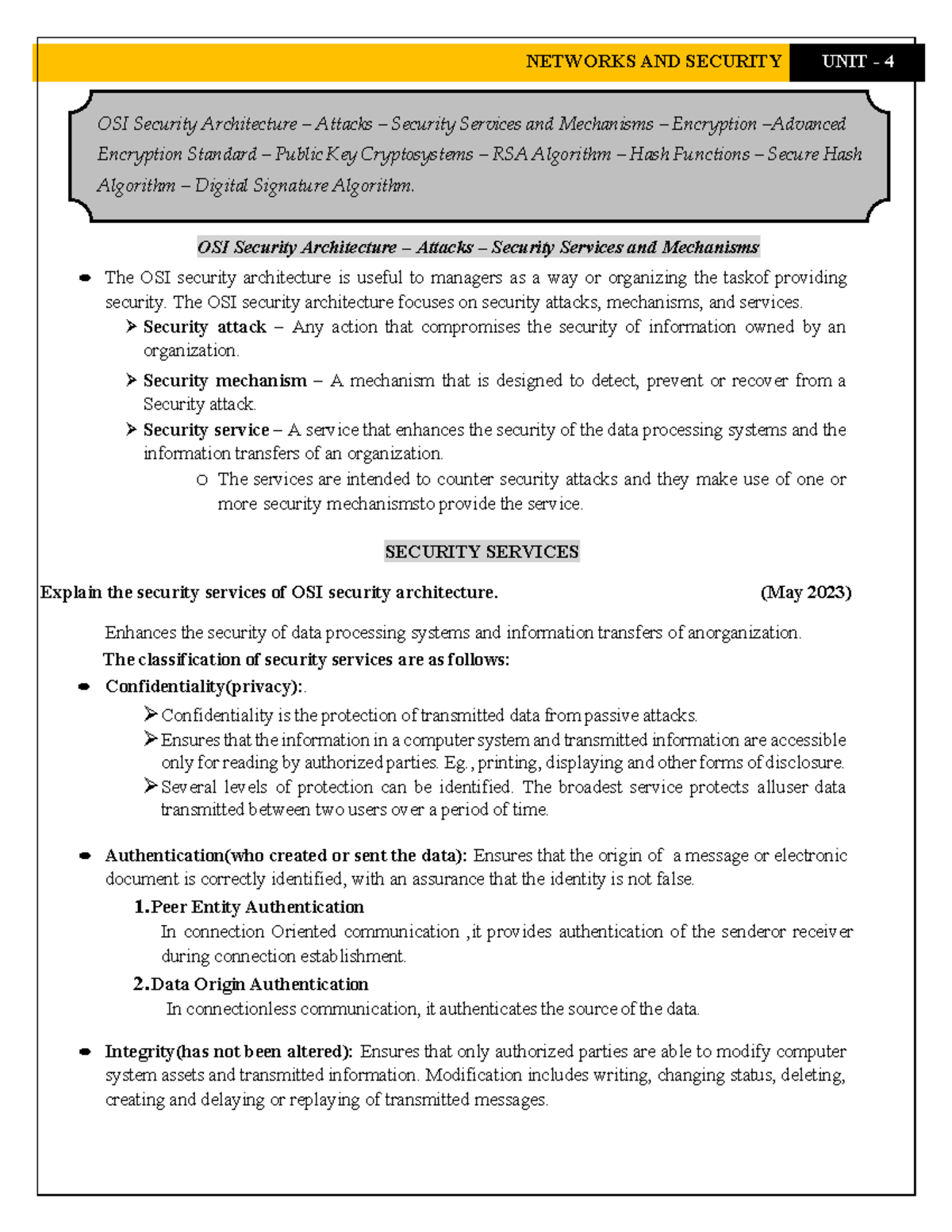 EC3401 NS Unit 4: OSI Security Architecture & Mechanisms Overview - Studocu