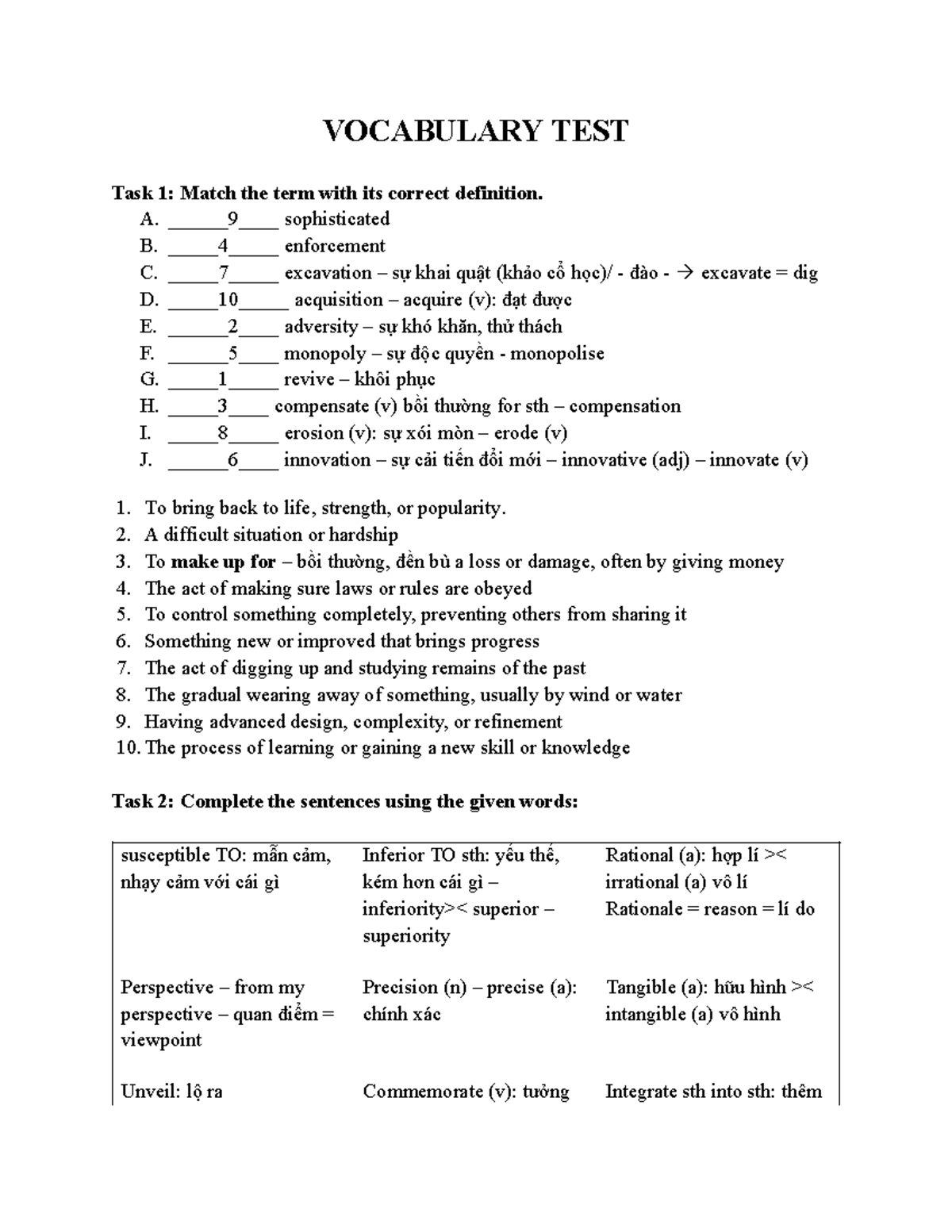 Chữa VOCABULARY TEST - Final Exam Notes - Studocu
