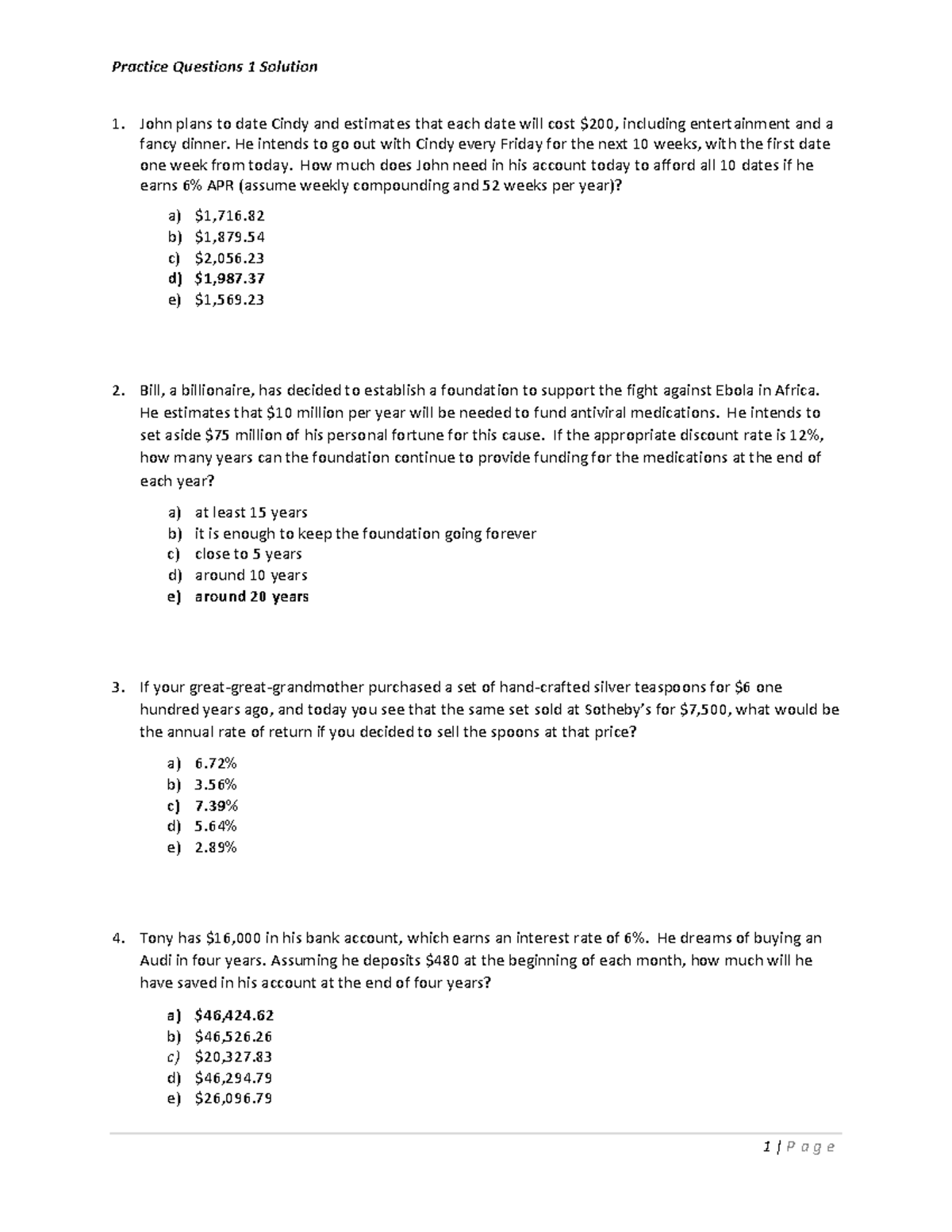 Practice Questions 1 Solutions for Financial Calculations - Studocu