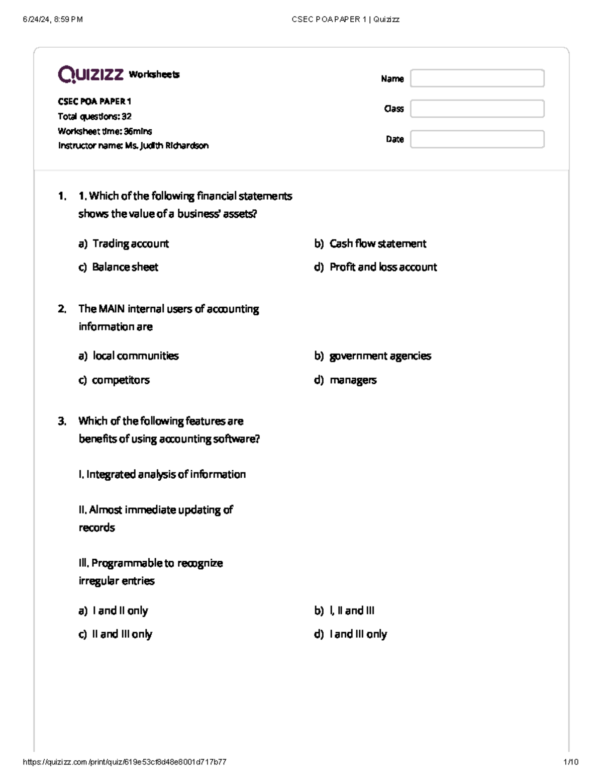 CSEC POA Paper 1 Quiz Questions and Answers - Studocu