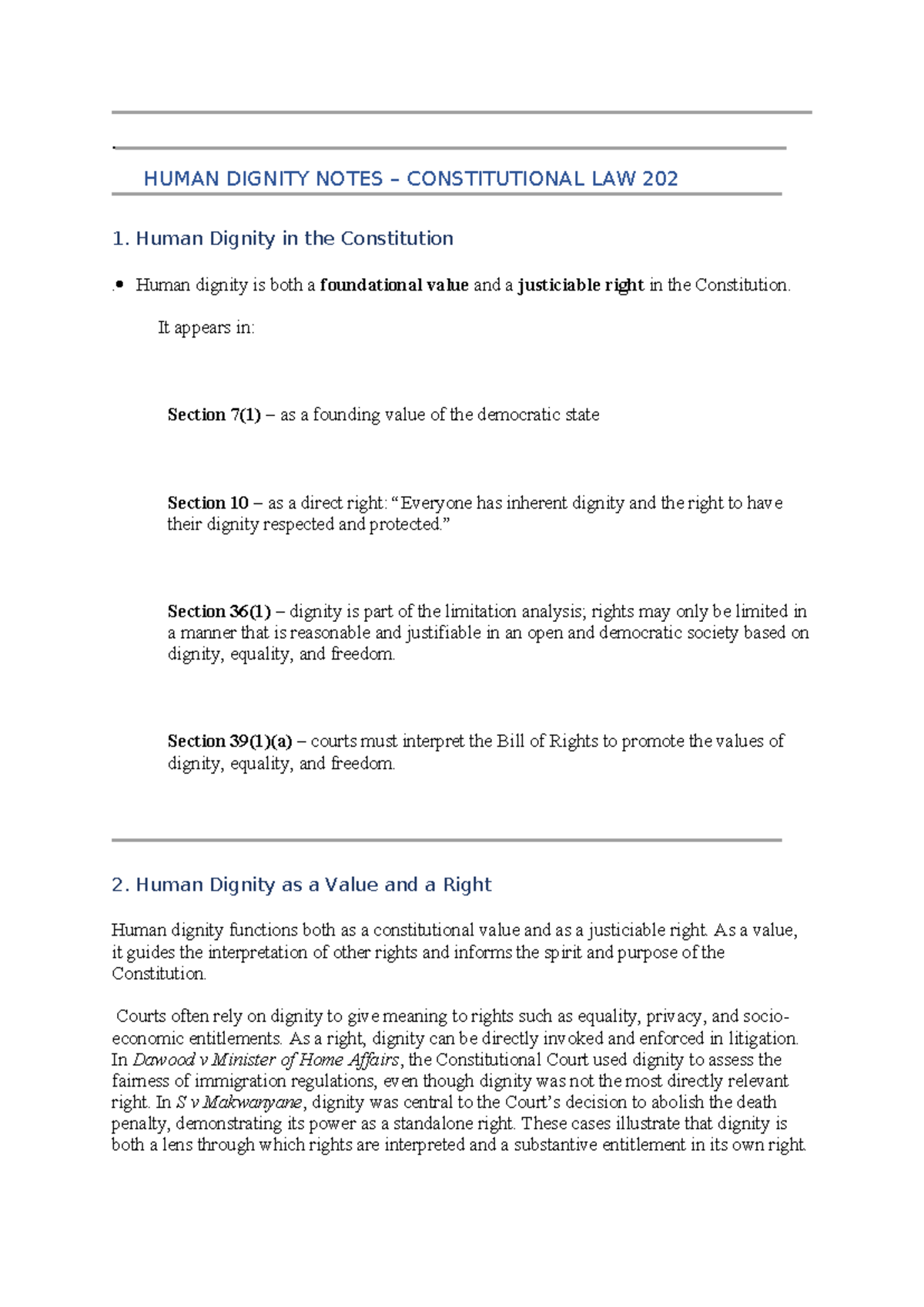 Human Dignity in Constitutional Law: Key Cases and Insights (LAW 202 ...