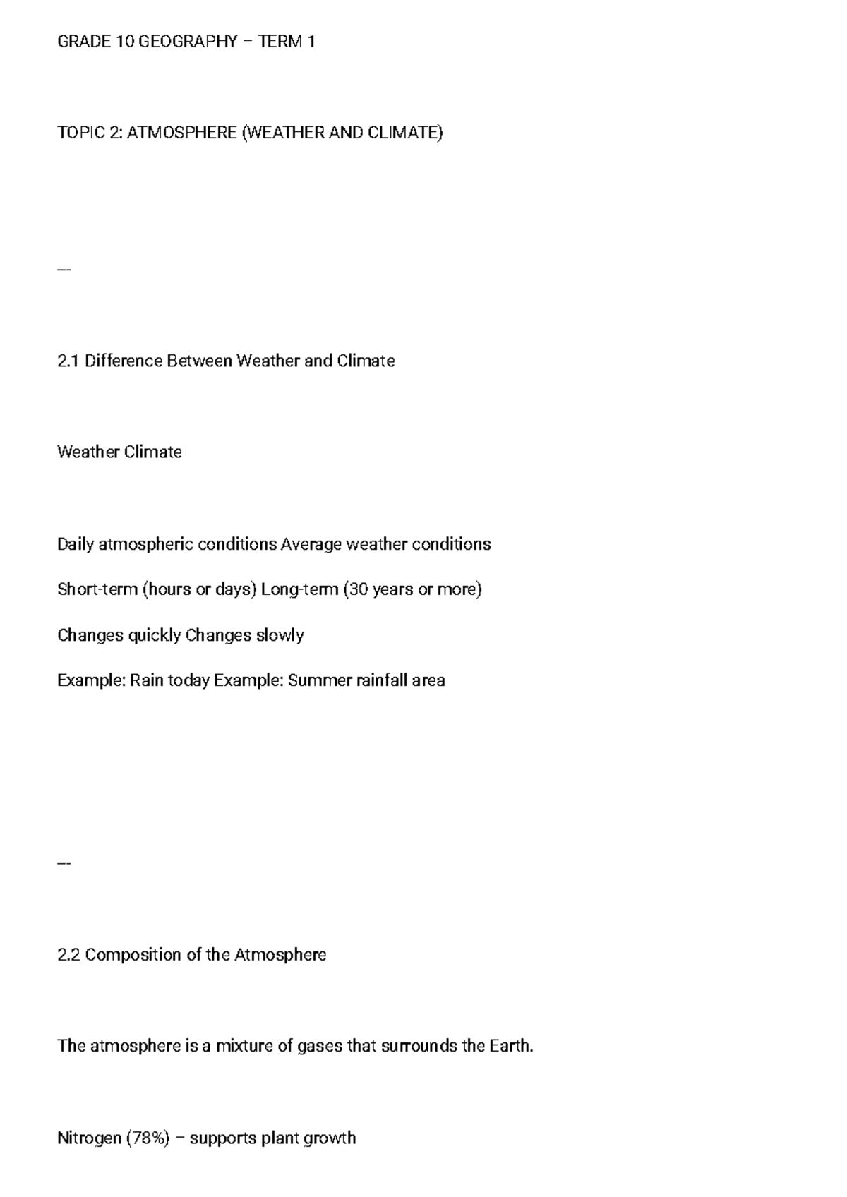 Grade 10 Geography Term 1 Notes: Atmosphere, Weather & Climate - Studocu
