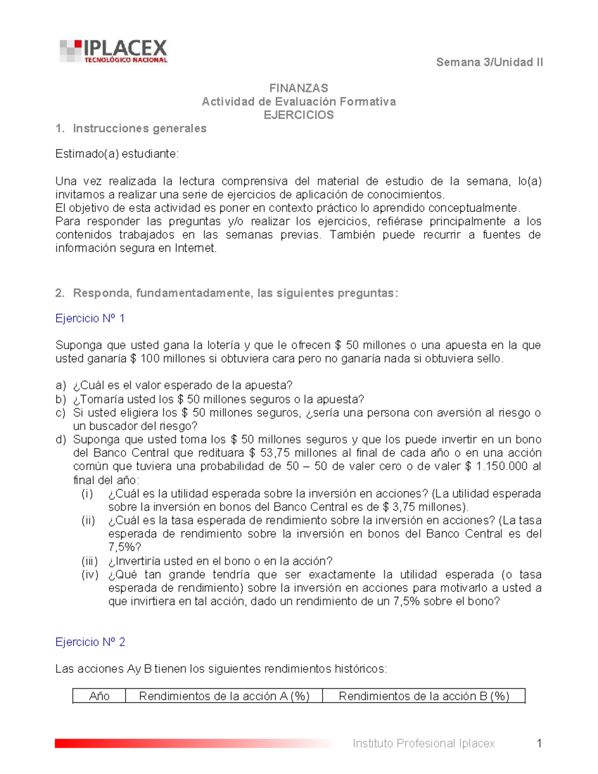 Semana II FINANZAS - Actividad de Evaluación Formativa: Ejercicios y ...