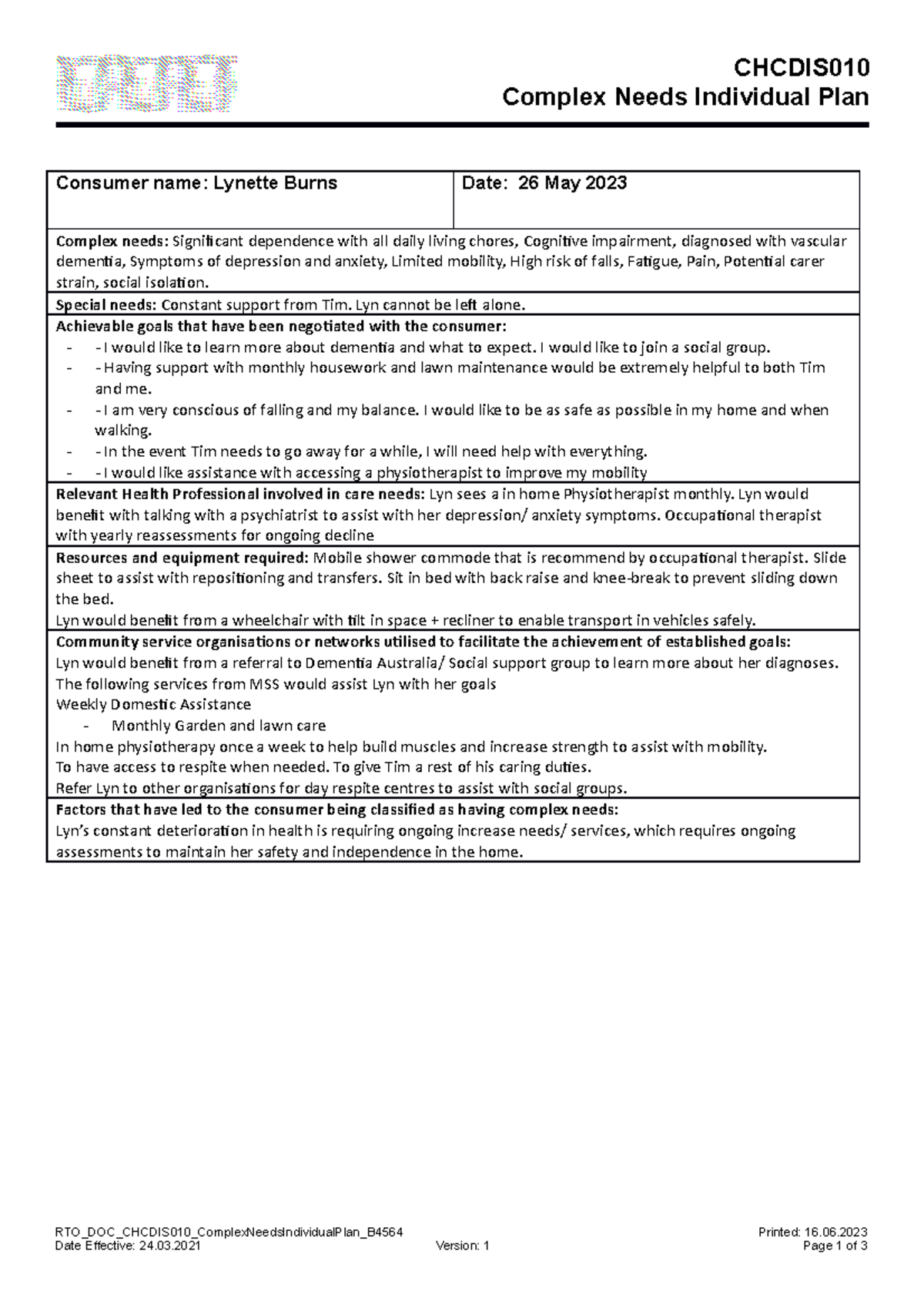 Chcdis 010 - Task 1 Complex Needs Plan - Lyn Burns - Consumer name ...