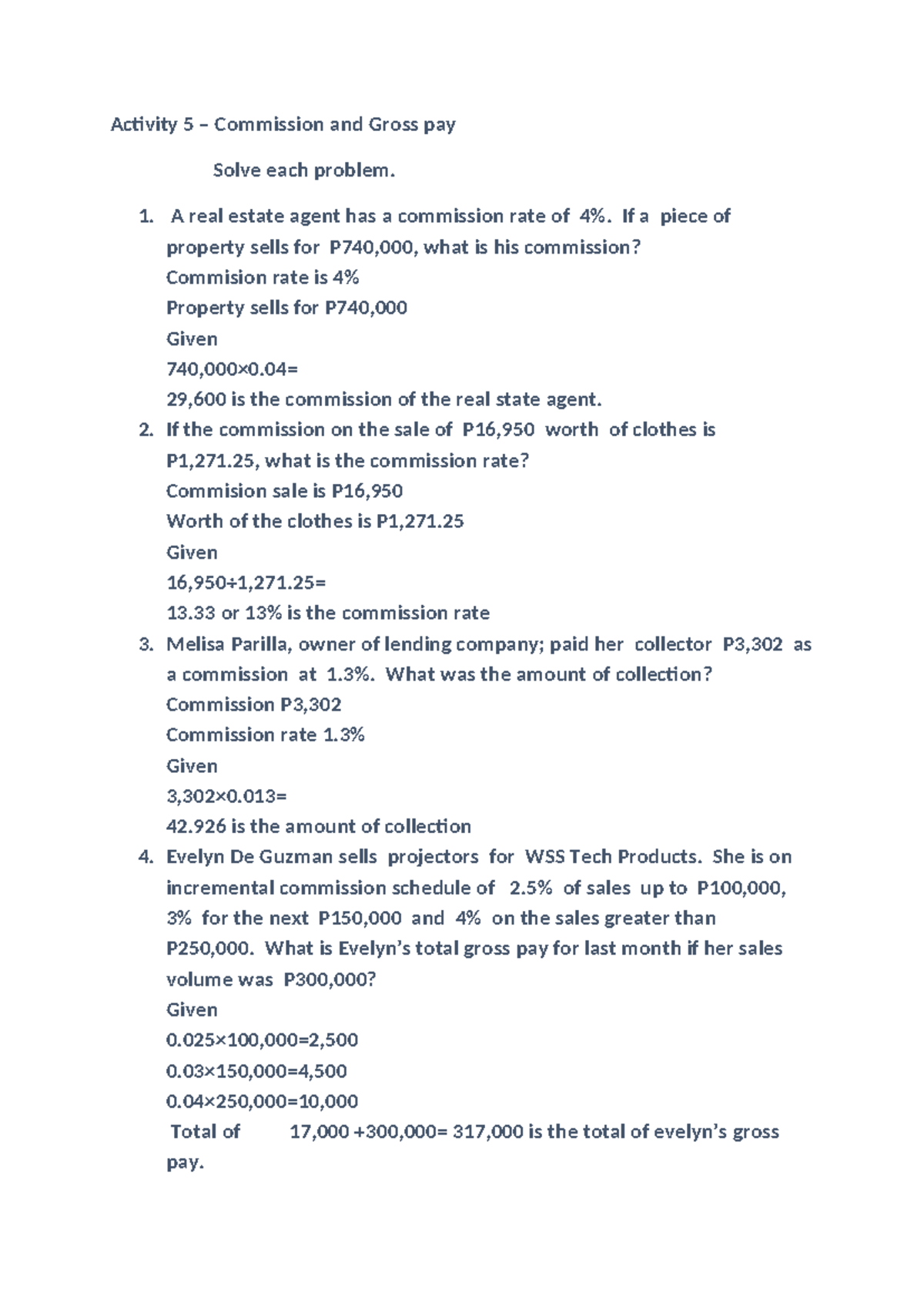 Activity 5 - VERY HELPFUL - Activity 5 – Commission and Gross pay Solve ...