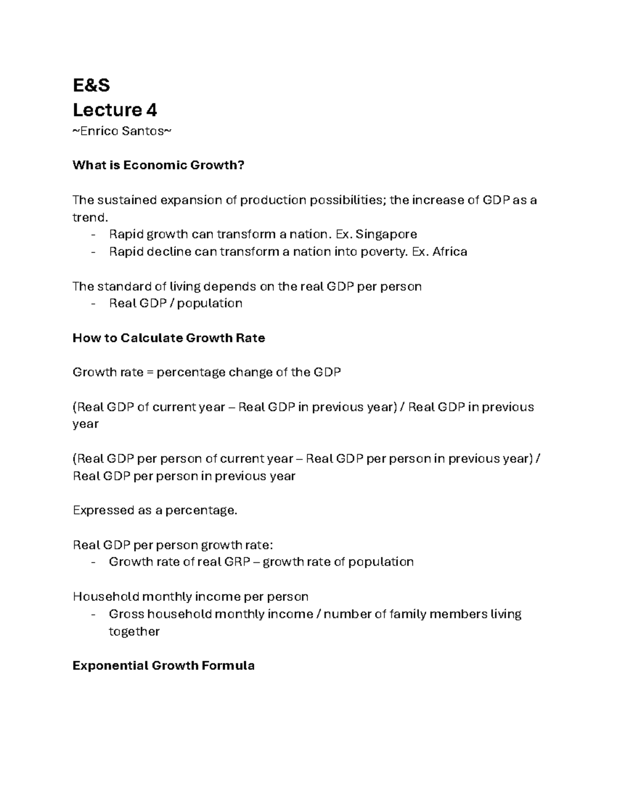 E&S - Lecture 4: Understanding Economic Growth and Its Impacts - Studocu