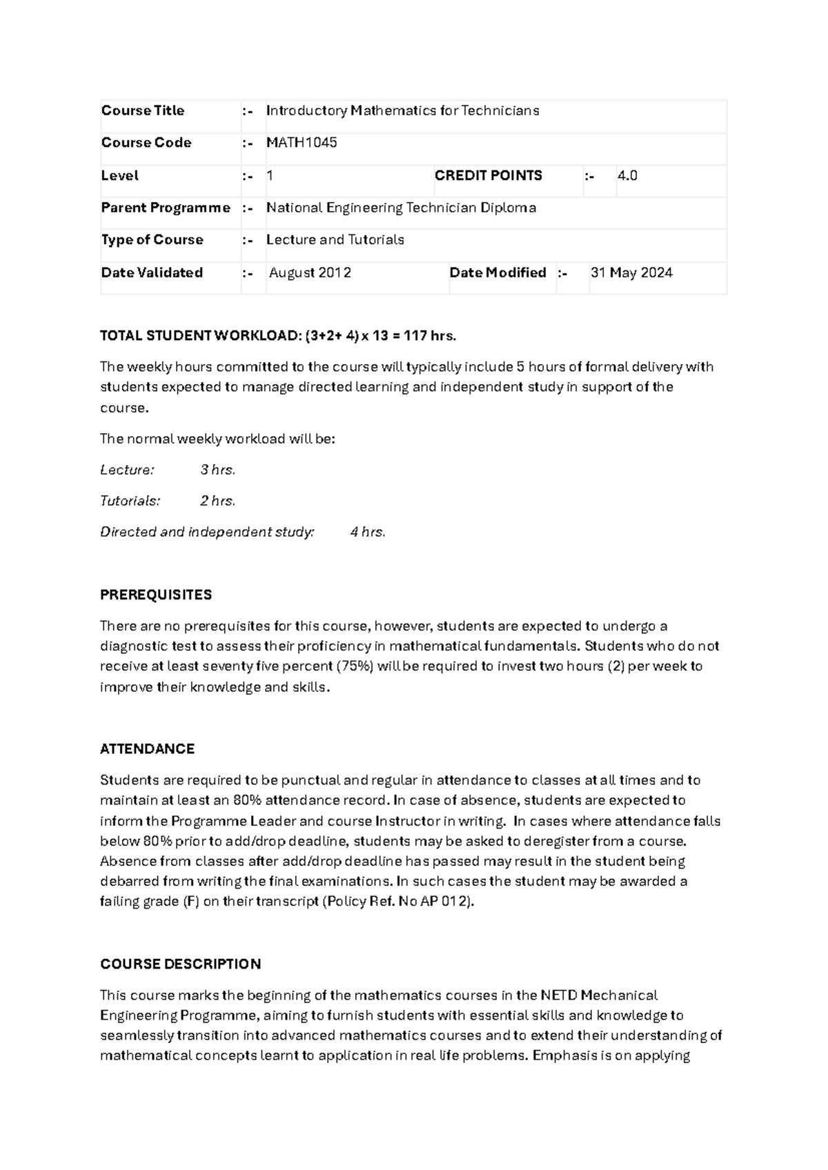 MATH1045 - Introductory Mathematics for Technicians Course Overview ...