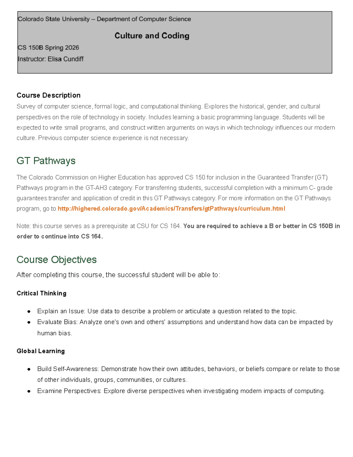 CSU CS 150B - Spring 2026 Syllabus: Culture and Coding in Python - Studocu