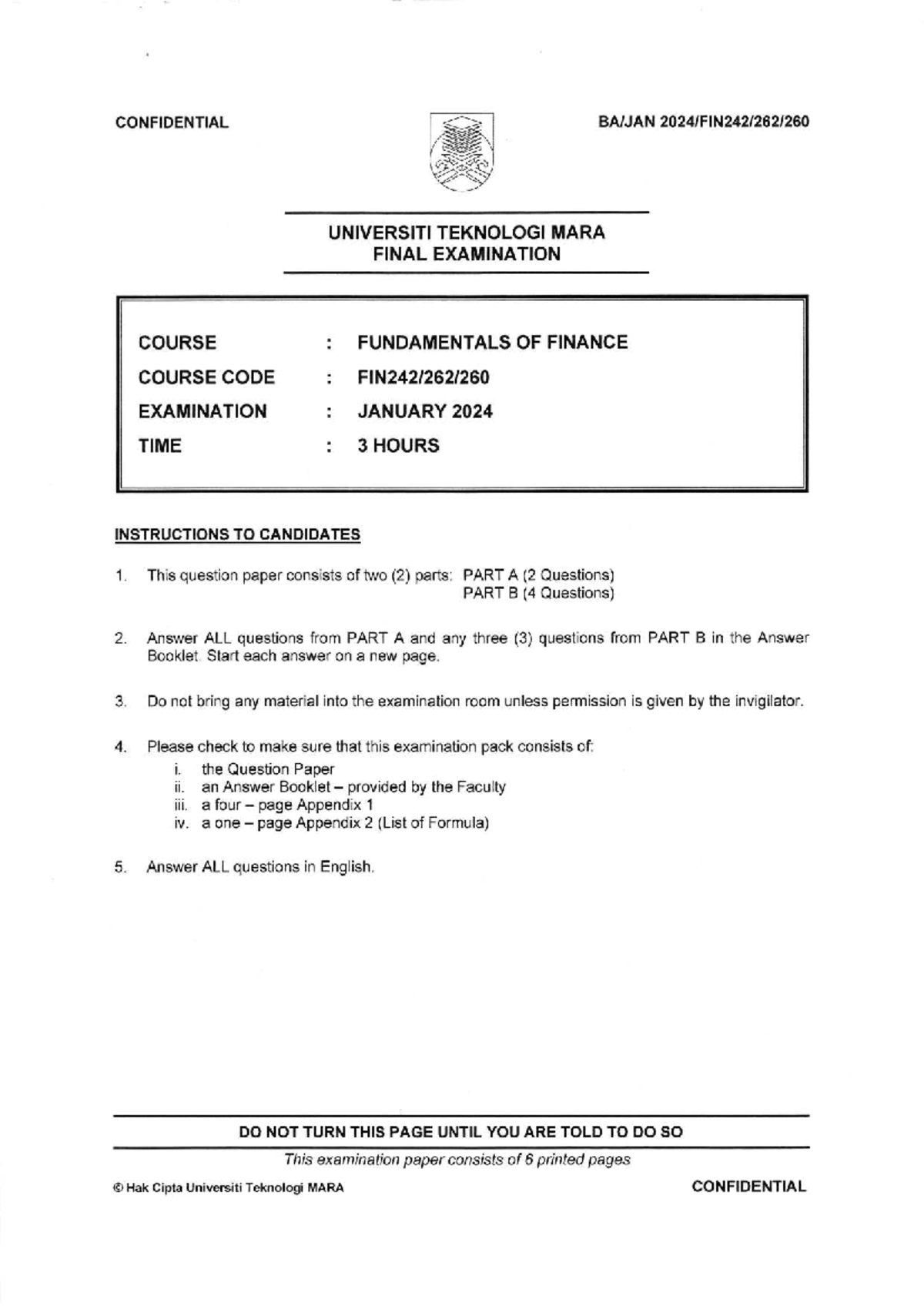 Final Exam Questions for FIN242 - Fundamentals of Finance (Jan 2024 ...