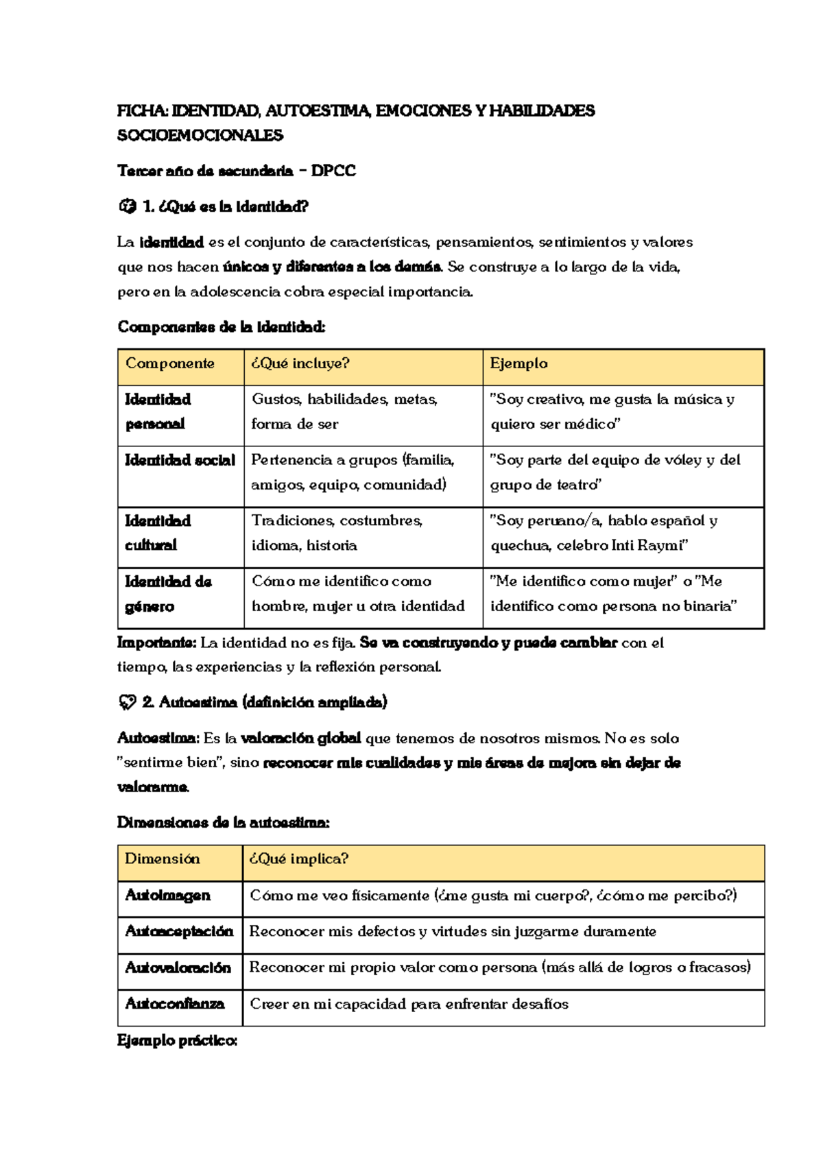 Ficha: Identidad, Autoestima y Emociones - Tercer Año Secundaria DPCC ...