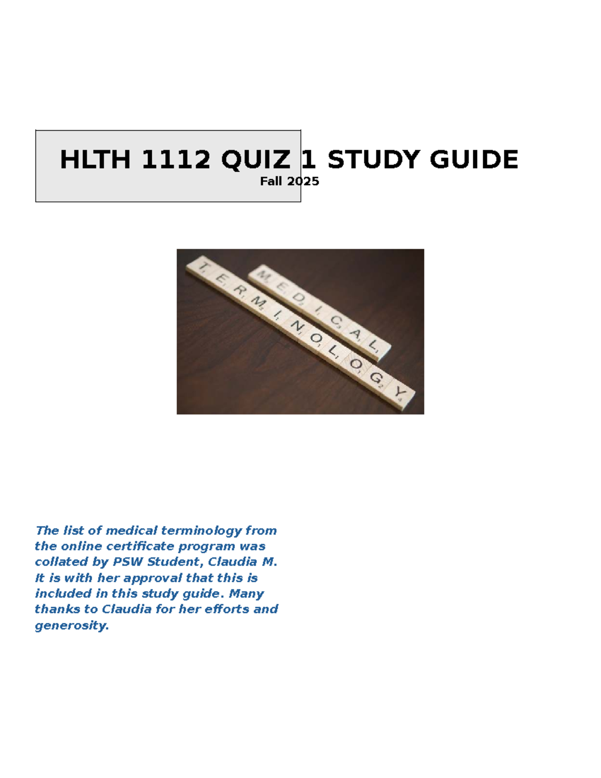 HLTH QUIZ 1 STUDY GUIDE - Medical Terminology Overview - Studocu
