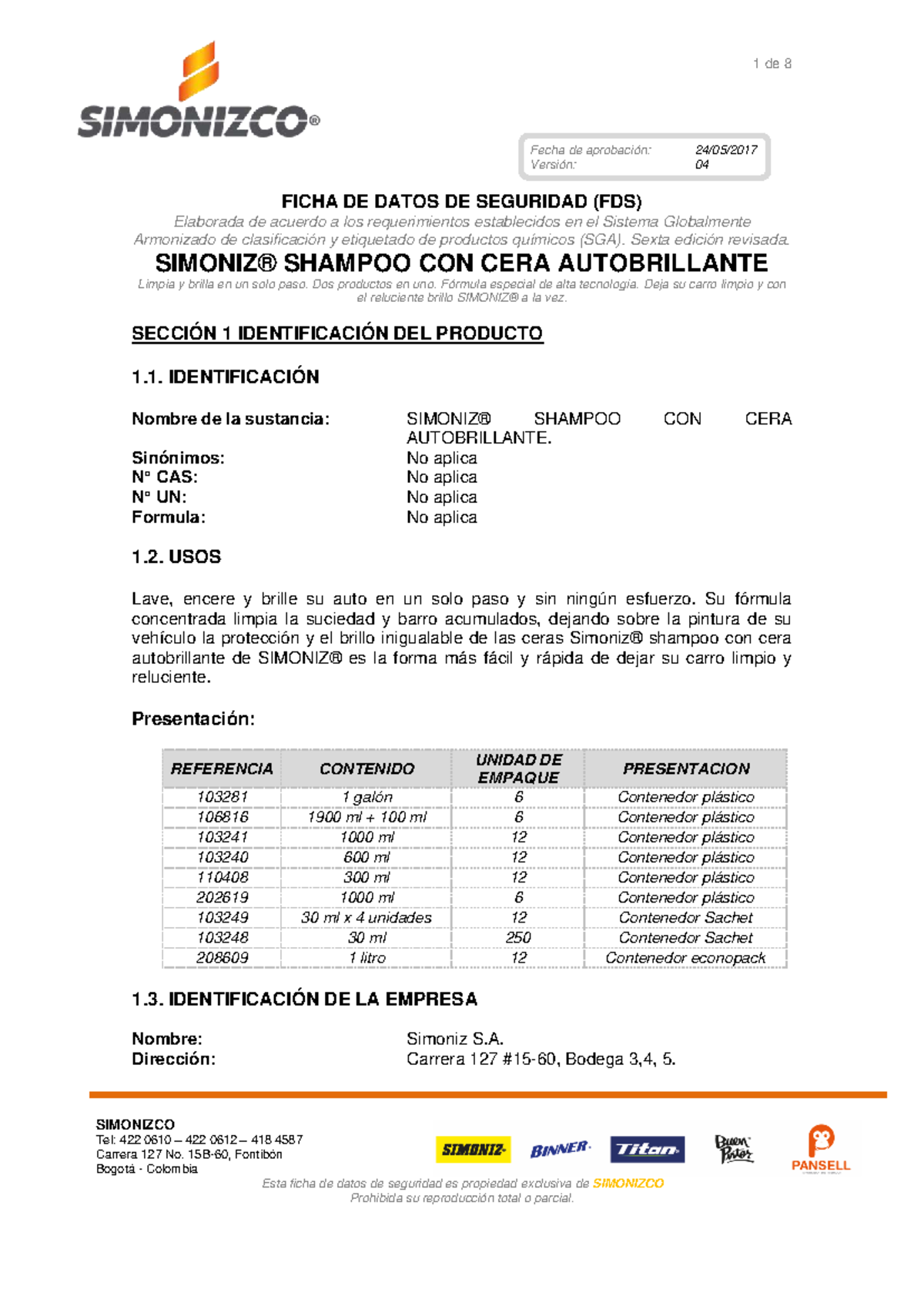 FDS de Seguridad: Shampoo con Cera Autobrillante - Simoniz® - Studocu