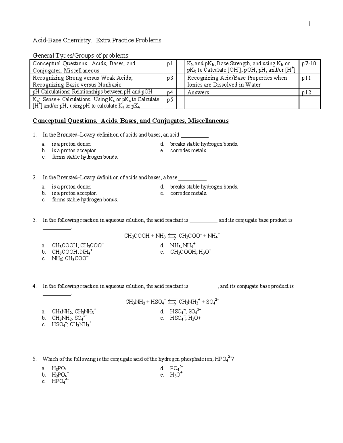 Acids and Bases Worksheet (CHEM 101) - Extra Practice Problems - Studocu