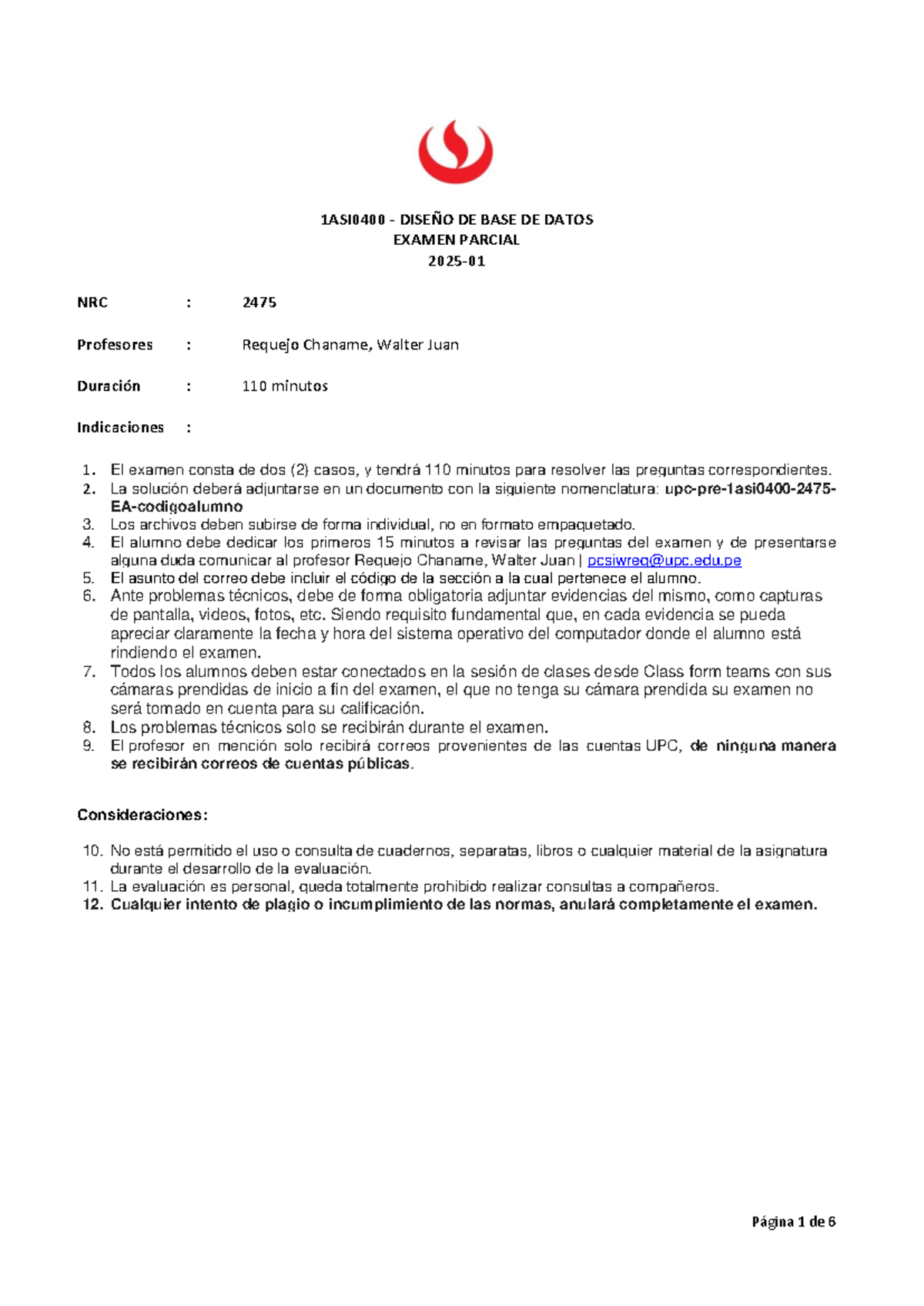 1ASI0400 DISEÑO DE BASE DE DATOS EXAMEN PARCIAL NRC 2475 - Instrucciones y Casos - Document Preview