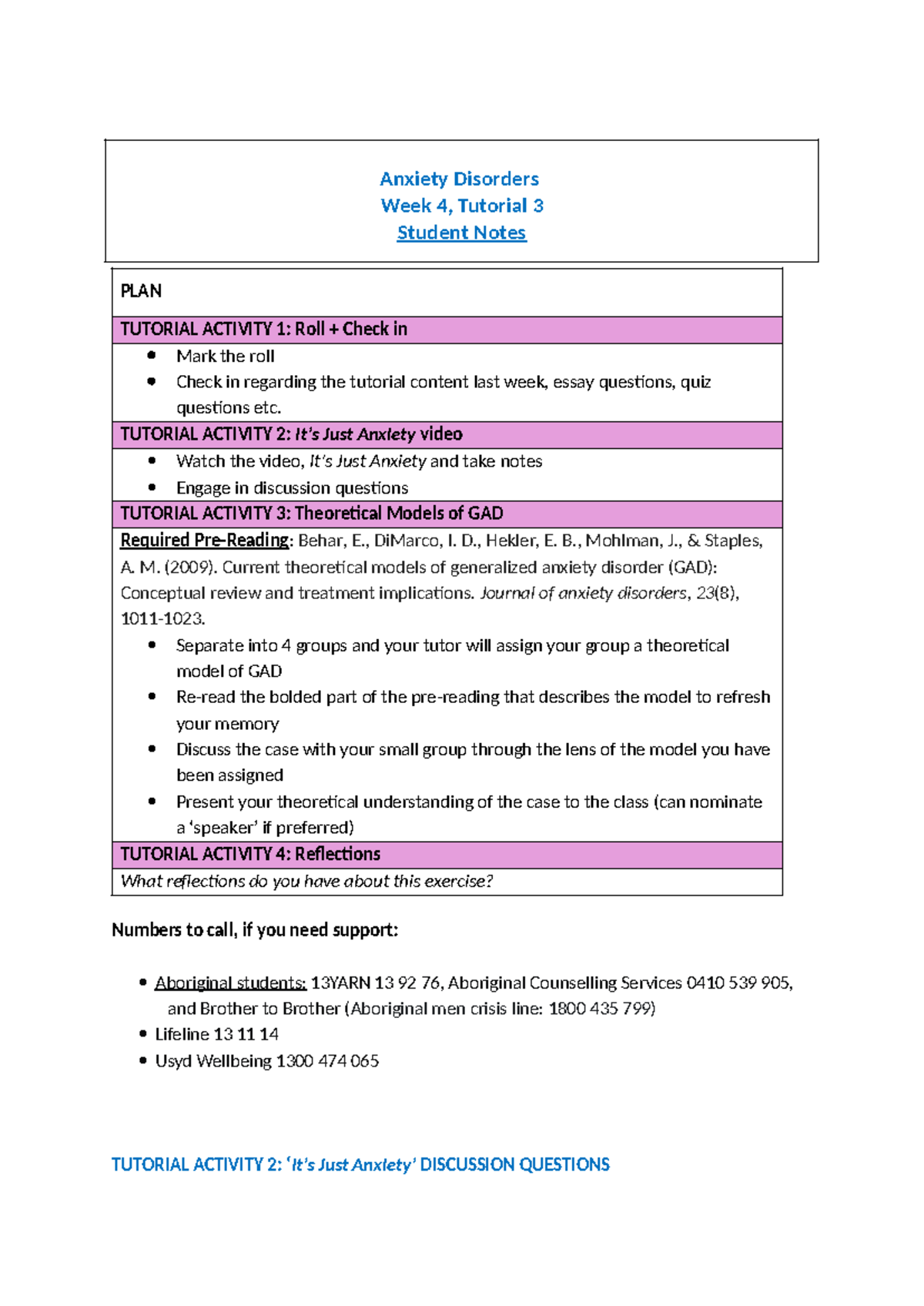 Anxiety Disorders (PSY101) Tutorial Notes & Reflections - Week 4 - Studocu