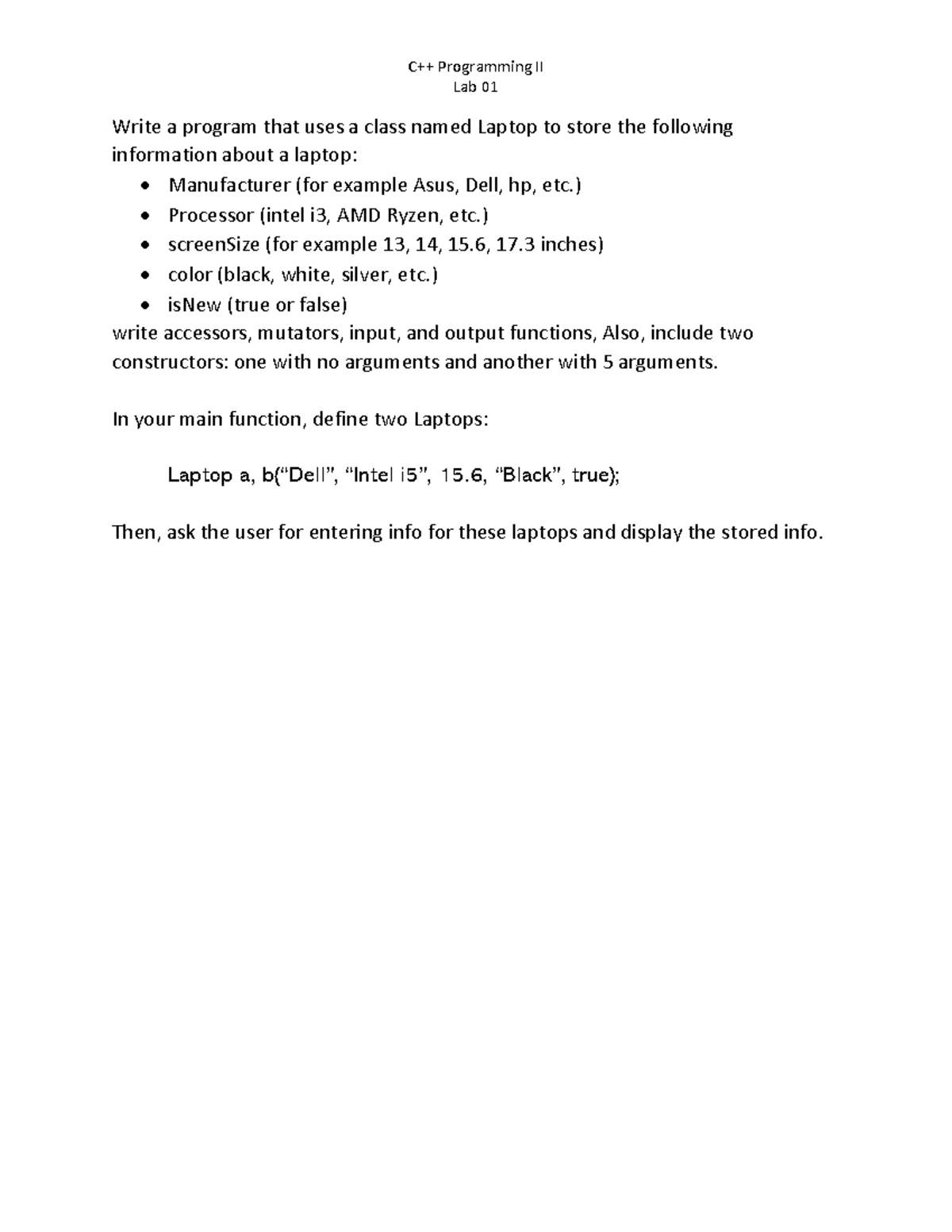 Lab 01 Question - labbbbbbb1 - C++ Programming II Lab 01 Write a ...