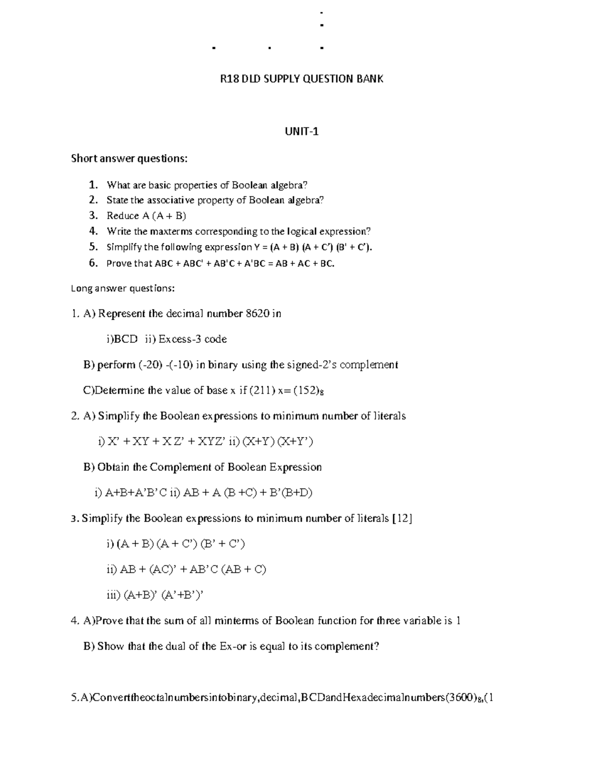 JNTUH R18 DLD Supply Question Bank: Short & Long Answer Questions - Studocu