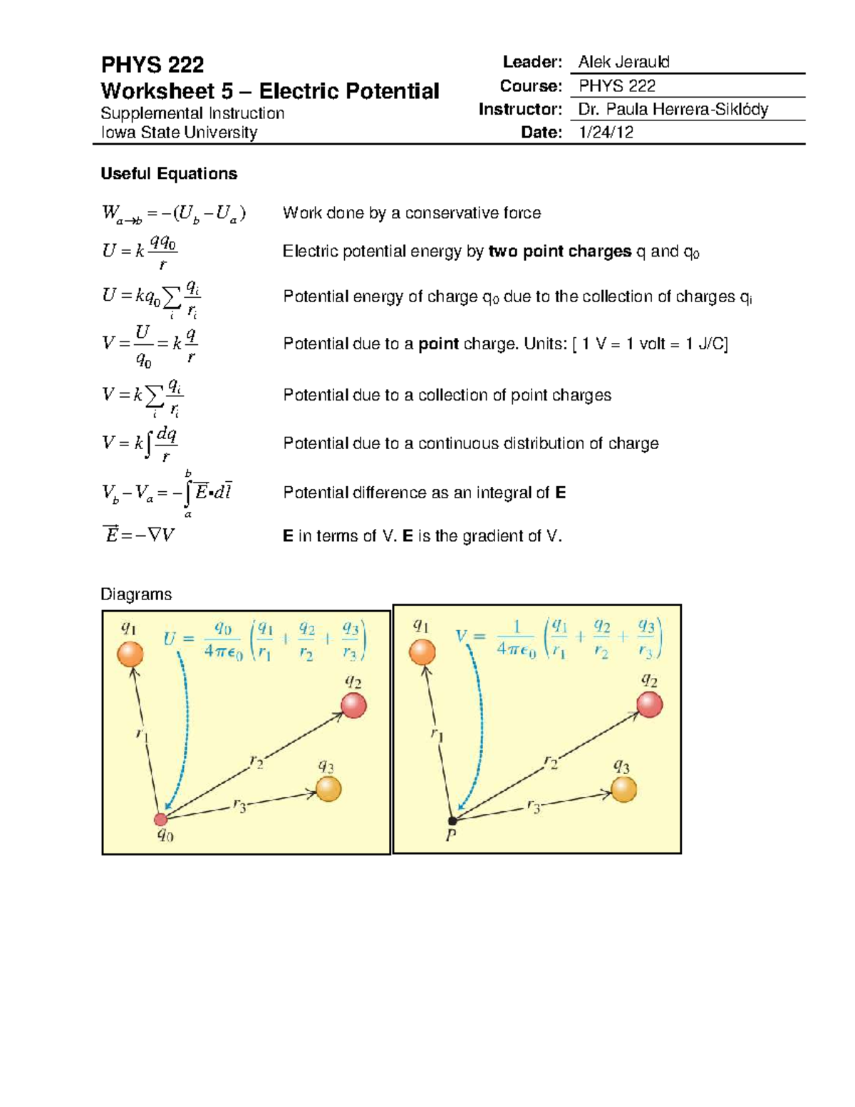 PHY102 Worksheet 5: Electric Potential Concepts and Problems - Studocu